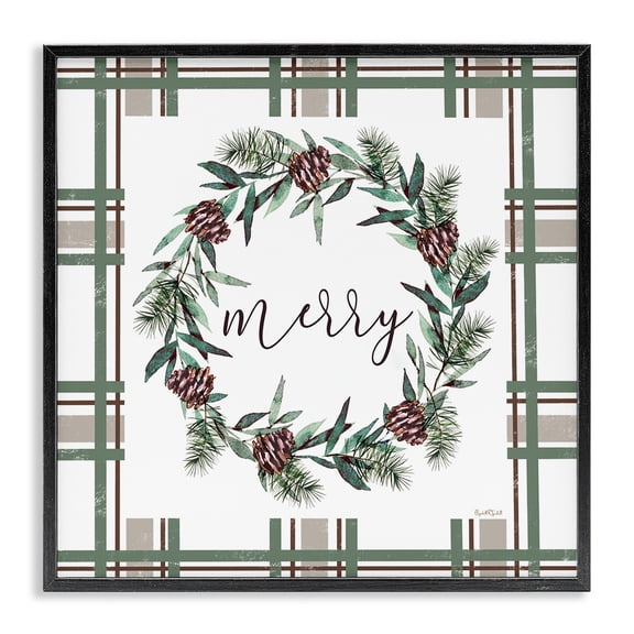 Stupell Industries Merry Wreath on Green Plaid Black Framed Giclee Art design by Elizabeth Tyndall, 12 x 12