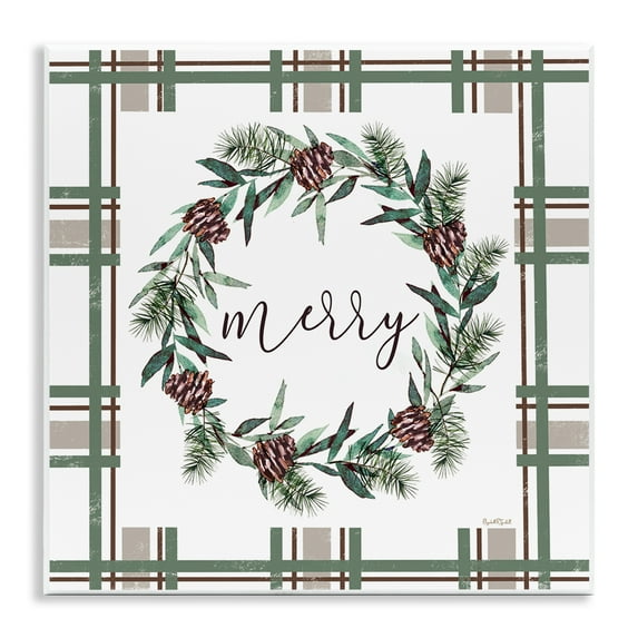 Stupell Industries Merry Wreath on Green Plaid Wall Plaque Art design by Elizabeth Tyndall, 12 x 12