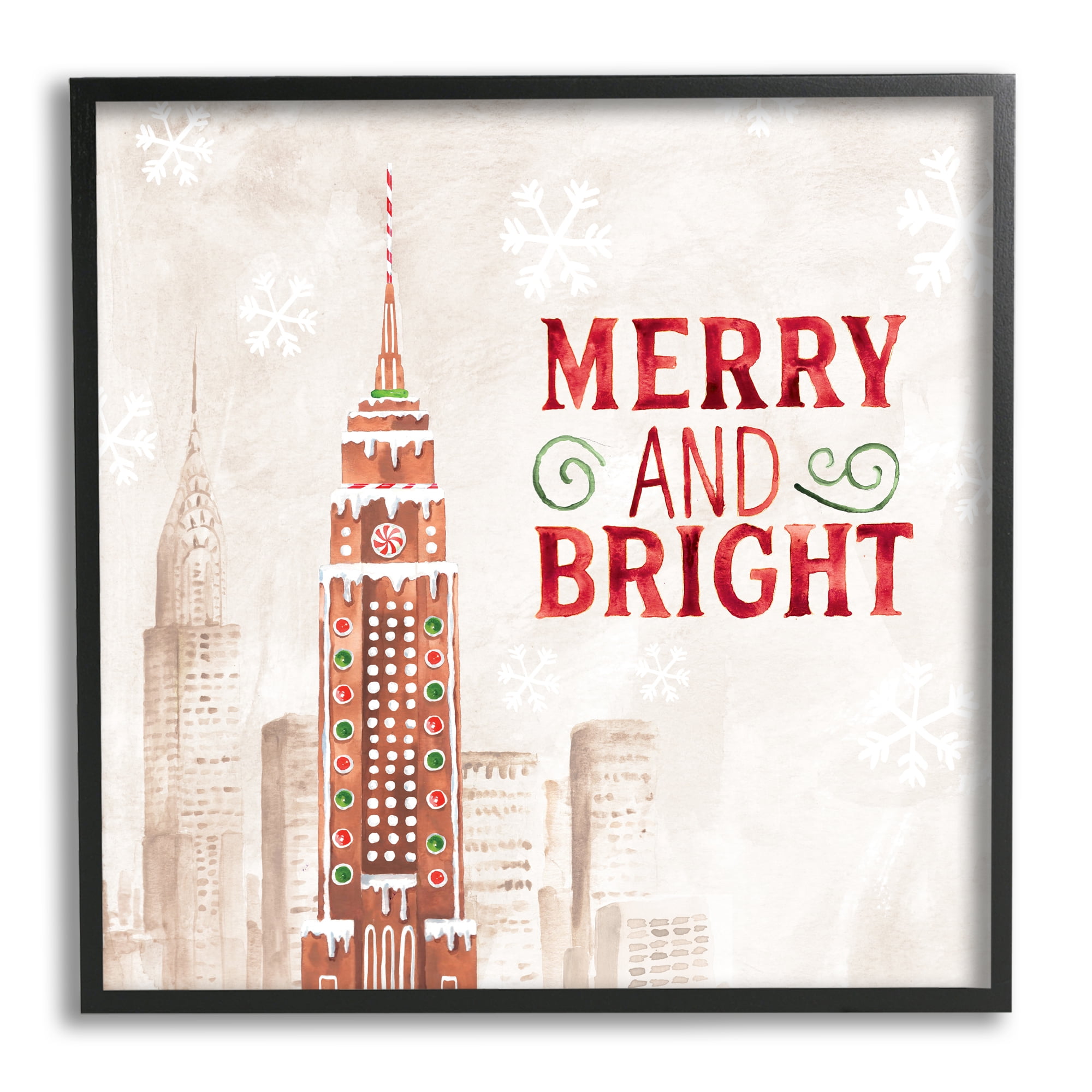 Stupell Industries Merry and Bright Christmas Phrase Gingerbread Architecture Cityscape Holiday Painting Black Framed Art Print Wall Art, 12 x 12