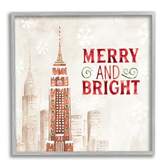 Stupell Industries Merry and Bright Christmas Phrase Gingerbread Architecture Cityscape Holiday Painting Gray Framed Art Print Wall Art, 12 x 12
