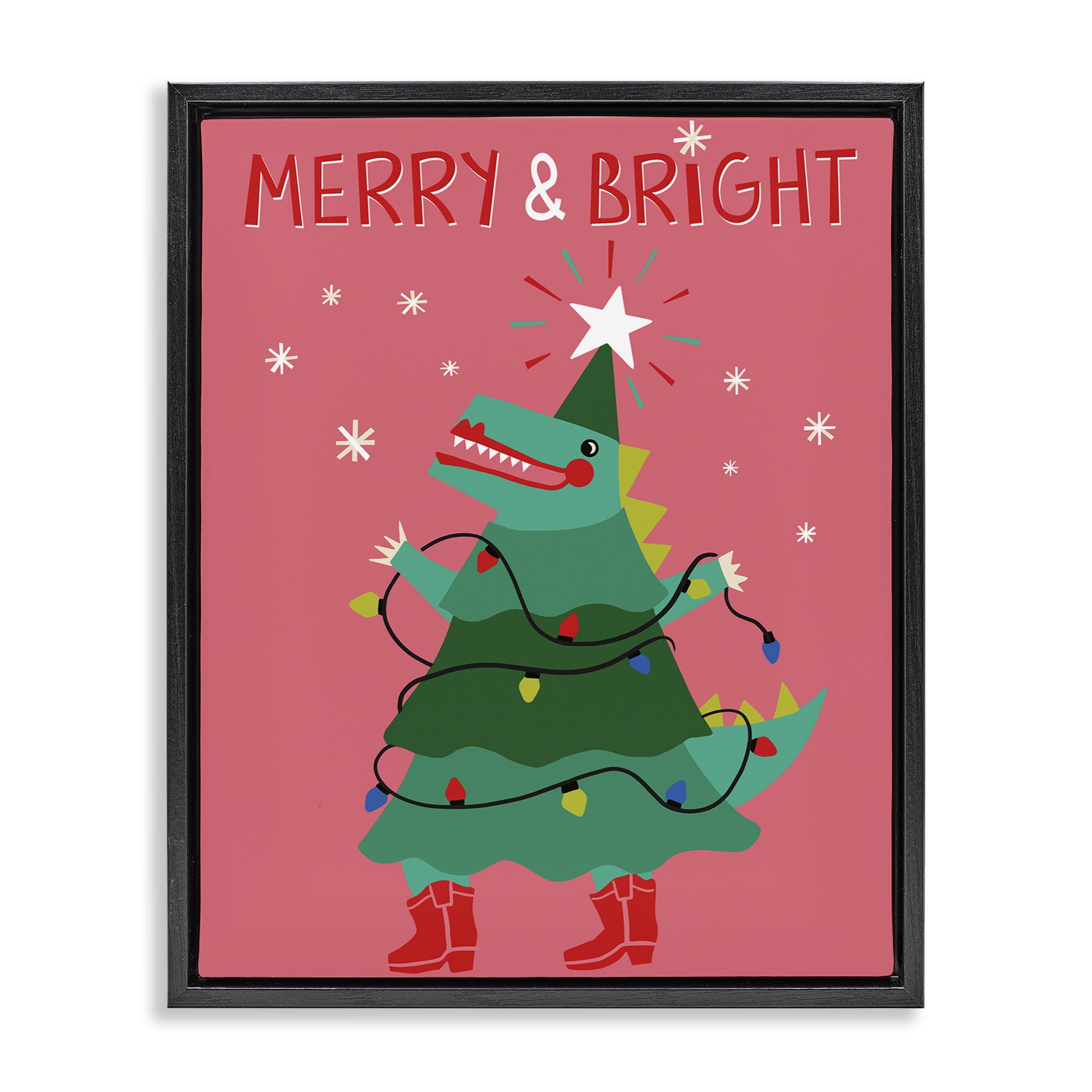 Stupell Industries Merry and Bright Dinosaur Holiday Painting Black Floater Framed Canvas Art Prints Wall Art, 17 x 21