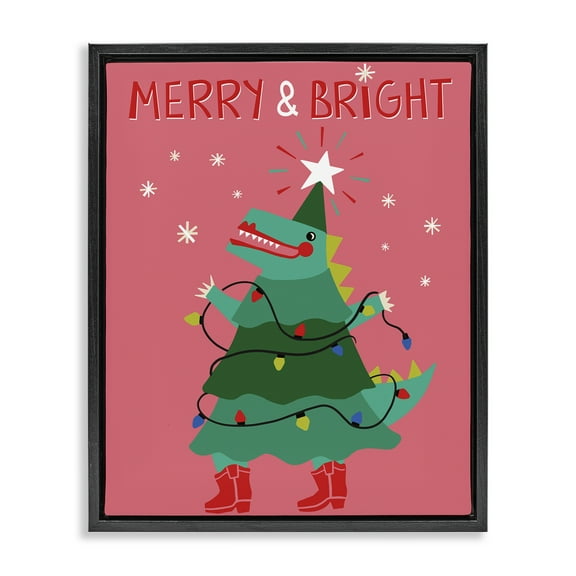 Stupell Industries Merry and Bright Dinosaur Holiday Painting Black Floater Framed Canvas Art Prints Wall Art, 17 x 21