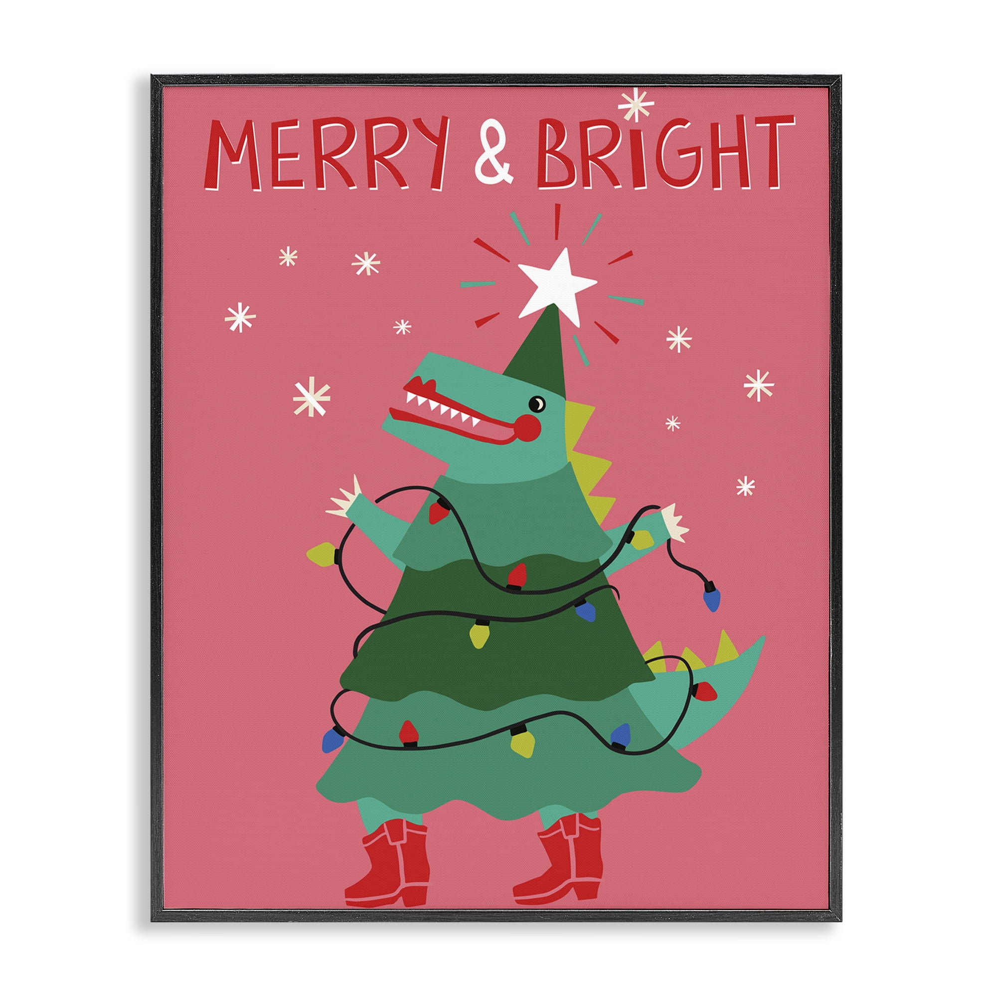 Stupell Industries Merry and Bright Dinosaur Holiday Painting Black Framed Art Prints Wall Art, 11 x 14