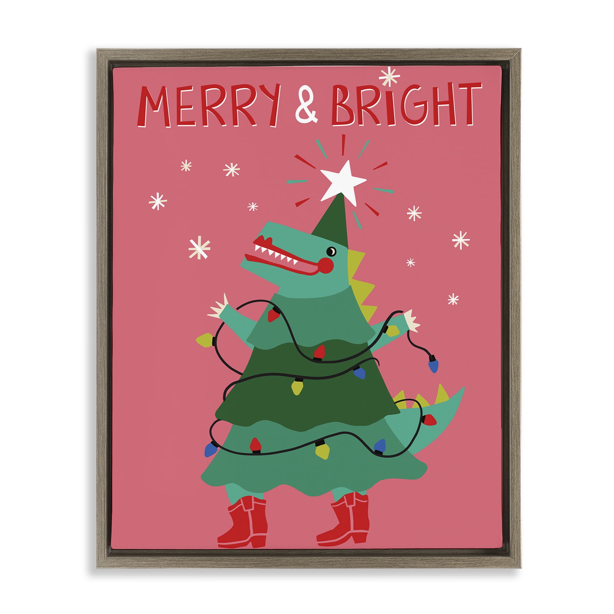 Stupell Industries Merry and Bright Dinosaur Holiday Painting Brown Floater Framed Canvas Art Prints Wall Art, 17 x 21