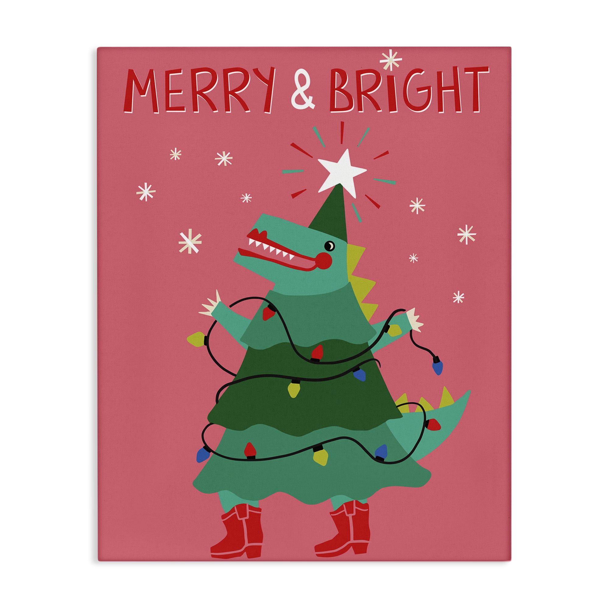 Stupell Industries Merry and Bright Dinosaur Holiday Painting Gallery Wrapped Canvas Art Prints Wall Art, 16 x 20