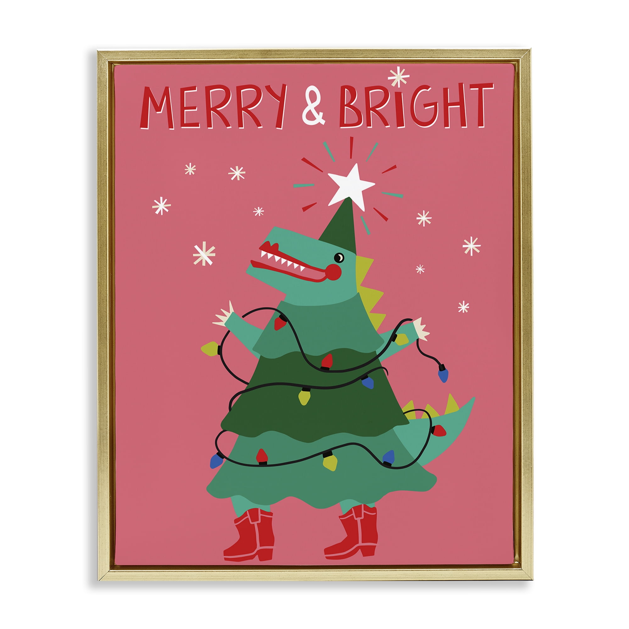 Stupell Industries Merry and Bright Dinosaur Holiday Painting Gold Floater Framed Canvas Art Prints Wall Art, 17 x 21