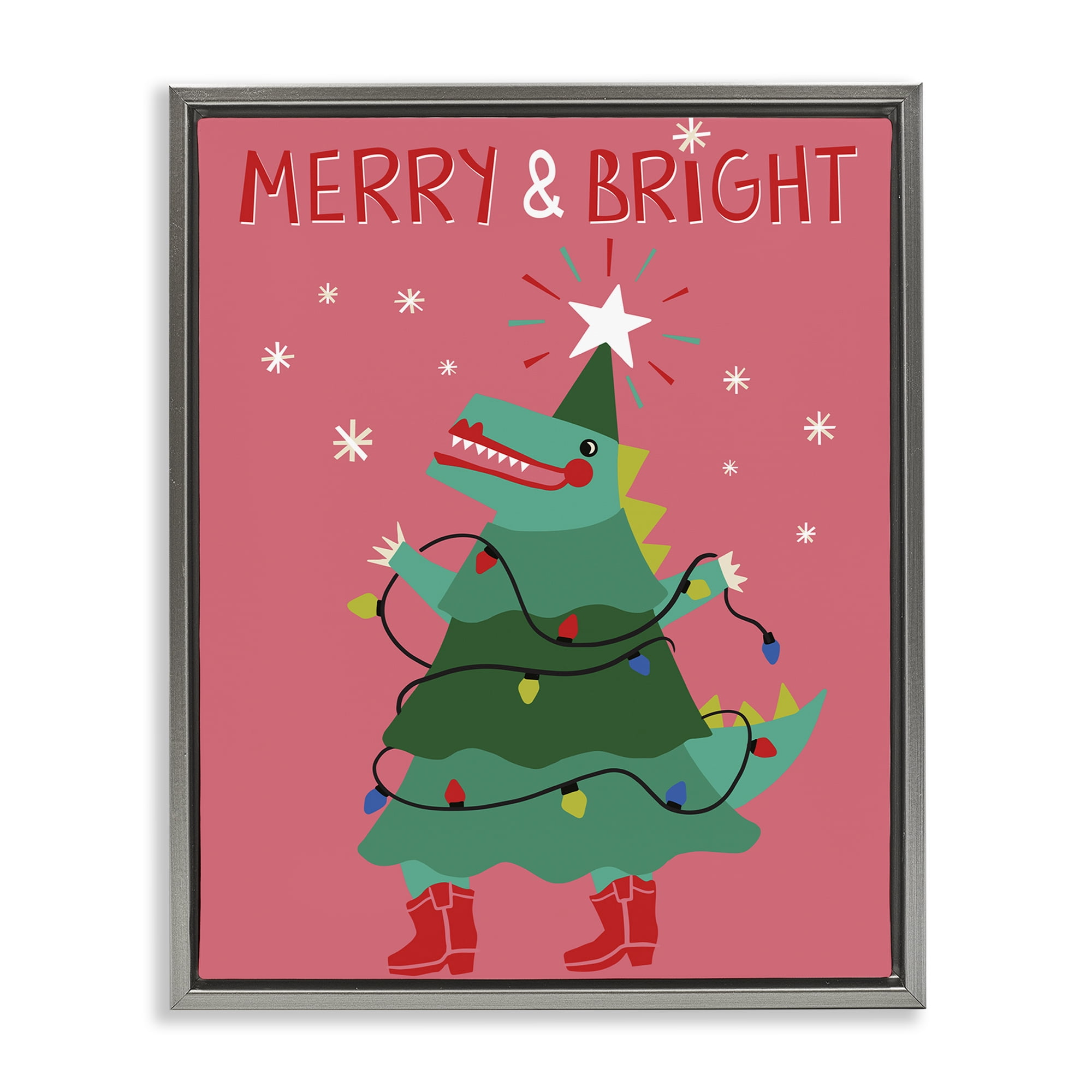 Stupell Industries Merry and Bright Dinosaur Holiday Painting Gray Floater Framed Canvas Art Prints Wall Art, 17 x 21