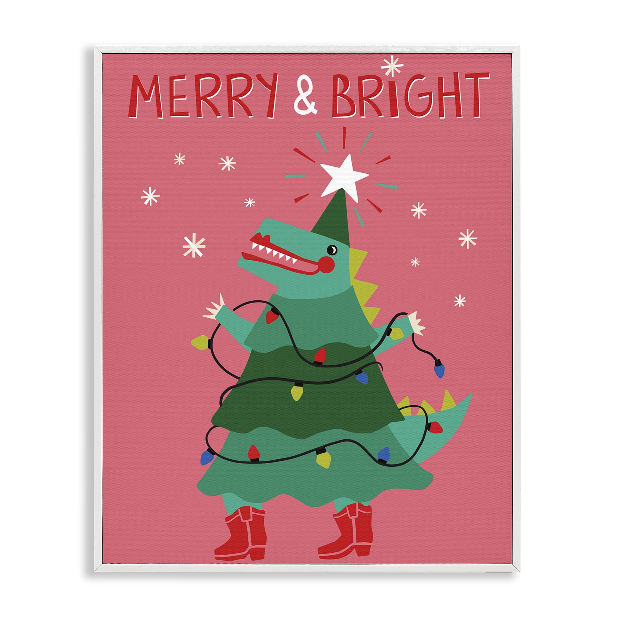Stupell Industries Merry and Bright Dinosaur Holiday Painting White Framed Art Prints Wall Art, 16 x 20