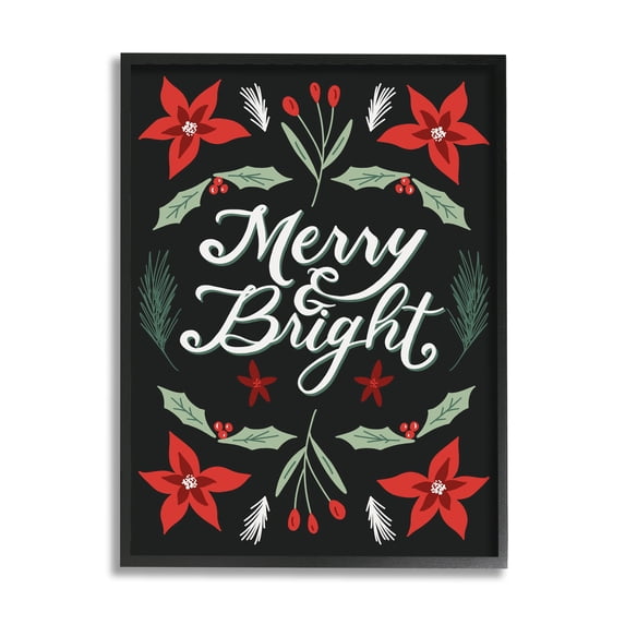 Stupell Industries Merry and Bright Festive Christmas Text Poinsettia Black Framed Design by Amanda Houston
