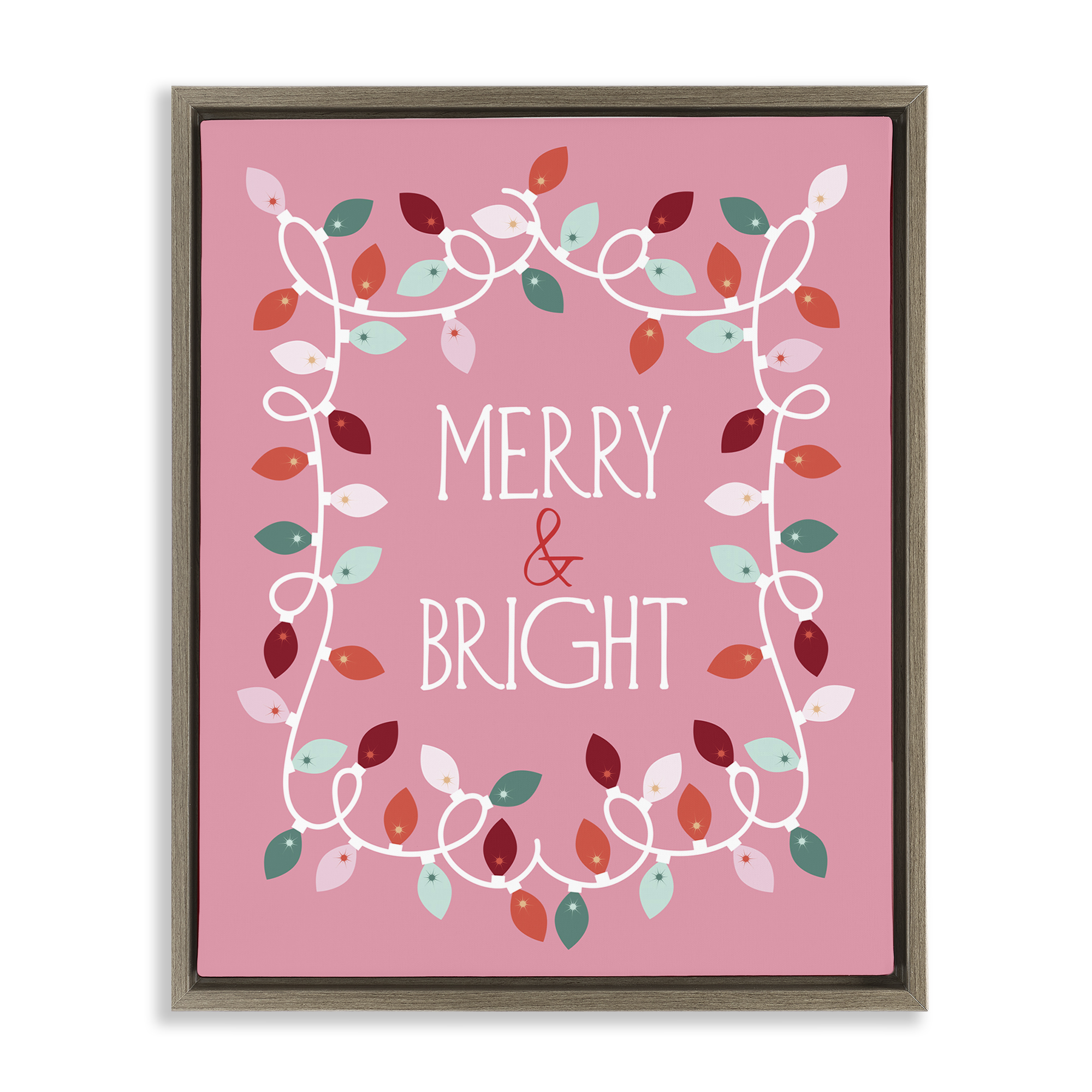 Stupell Industries Merry and Bright Pink Holiday Painting Brown Floater Framed Canvas Art Prints Wall Art, 17 x 21