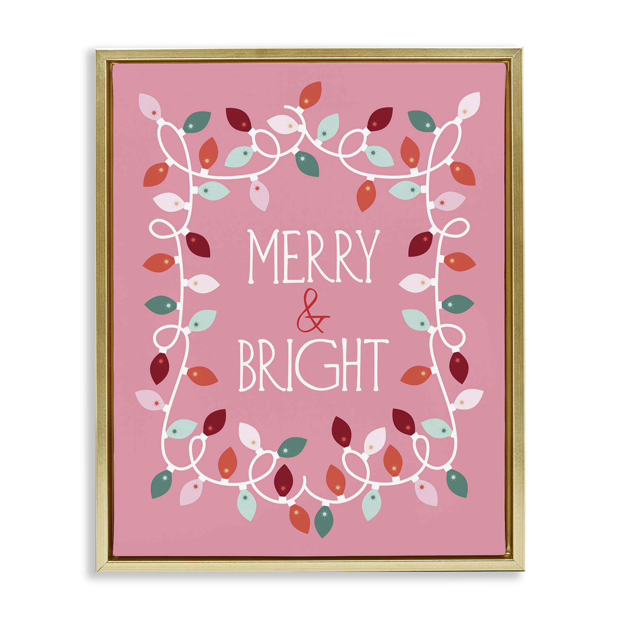 Stupell Industries Merry and Bright Pink Holiday Painting Gold Floater Framed Canvas Art Prints Wall Art, 17 x 21