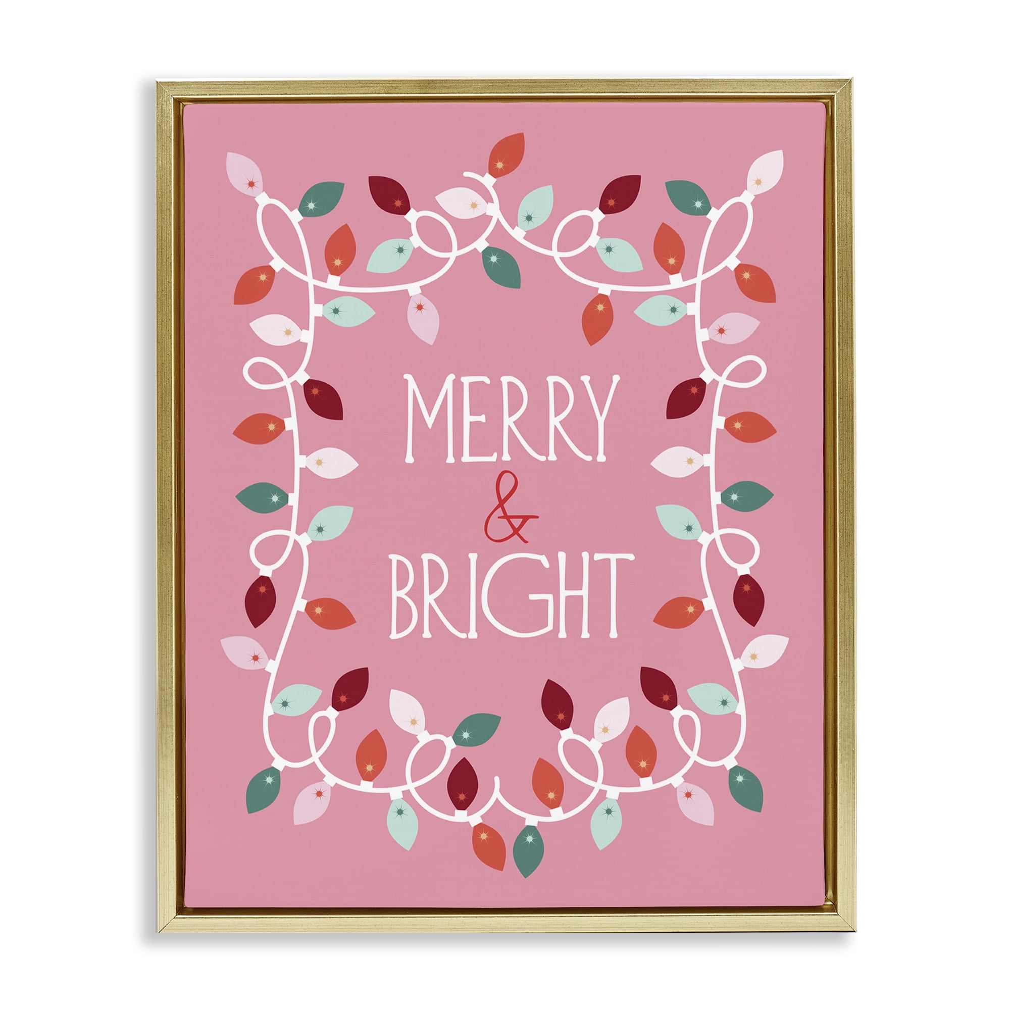 Stupell Industries Merry and Bright Pink Holiday Painting Gold Floater Framed Canvas Art Prints Wall Art, 25 x 31