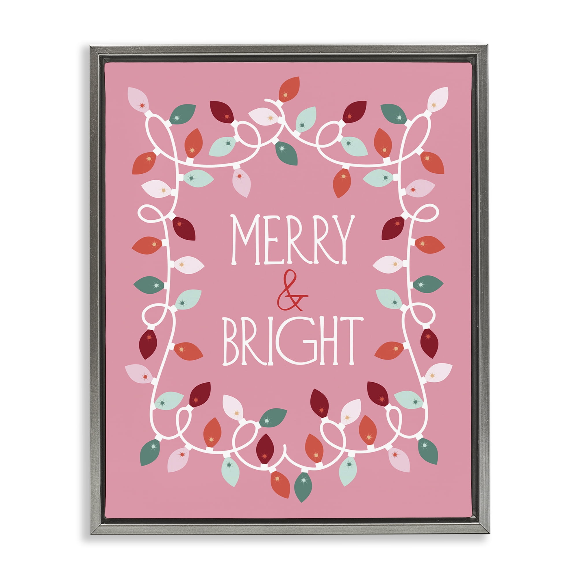 Stupell Industries Merry and Bright Pink Holiday Painting Gray Floater Framed Canvas Art Prints Wall Art, 25 x 31