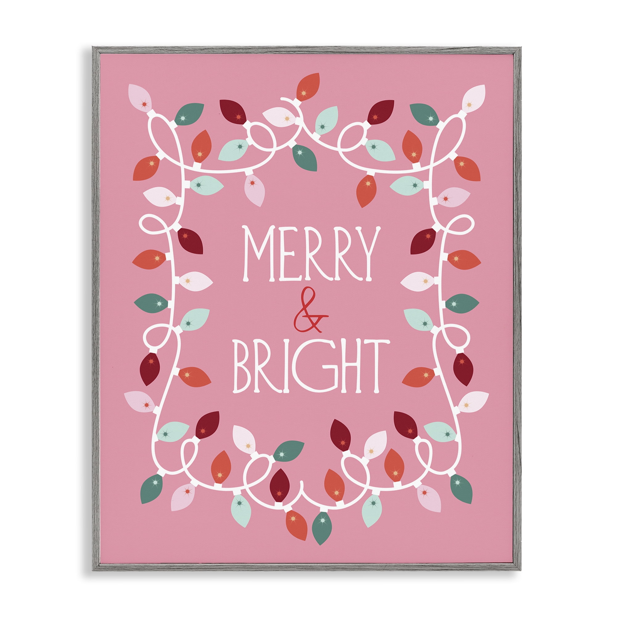 Stupell Industries Merry and Bright Pink Holiday Painting Gray Framed Art Prints Wall Art, 16 x 20