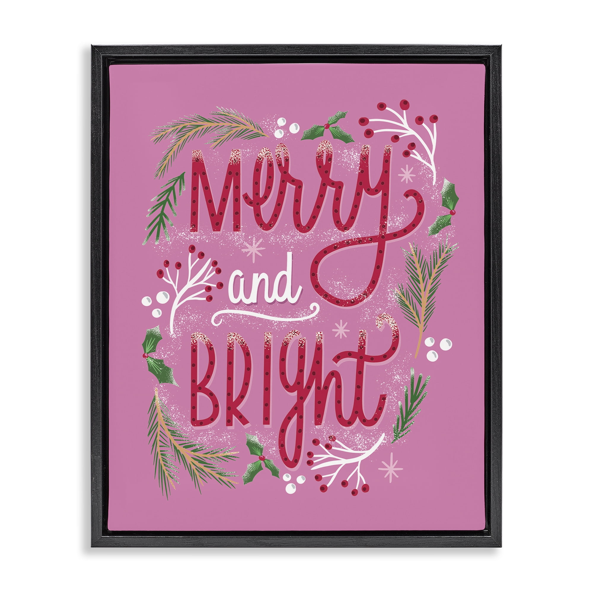Stupell Industries Merry and Bright Pink Pine Holiday Painting Black Floater Framed Canvas Art Prints Wall Art, 17 x 21