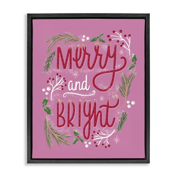 Stupell Industries Merry and Bright Pink Pine Holiday Painting Black Floater Framed Canvas Art Prints Wall Art, 17 x 21