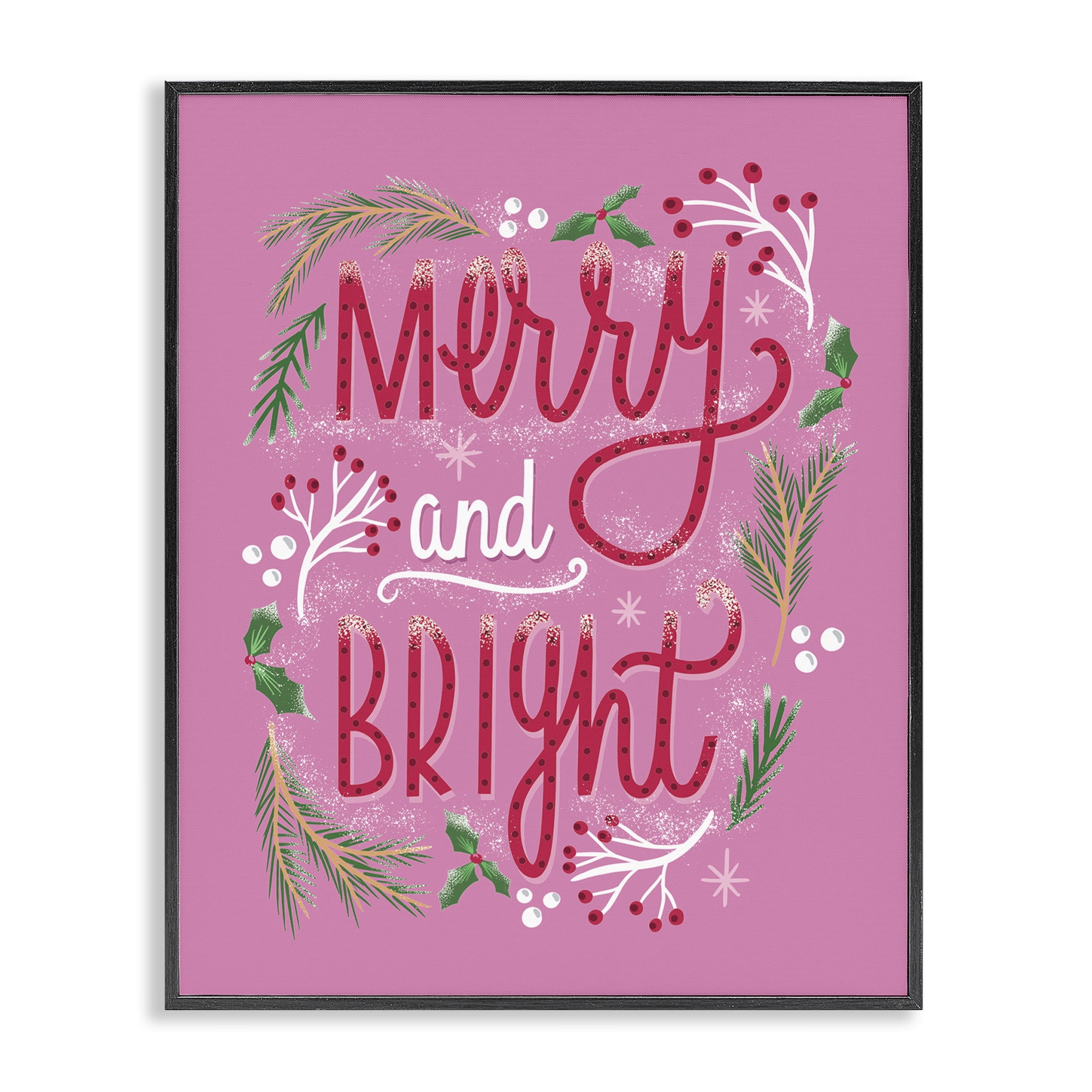 Stupell Industries Merry and Bright Pink Pine Holiday Painting Black Framed Art Prints Wall Art, 11 x 14