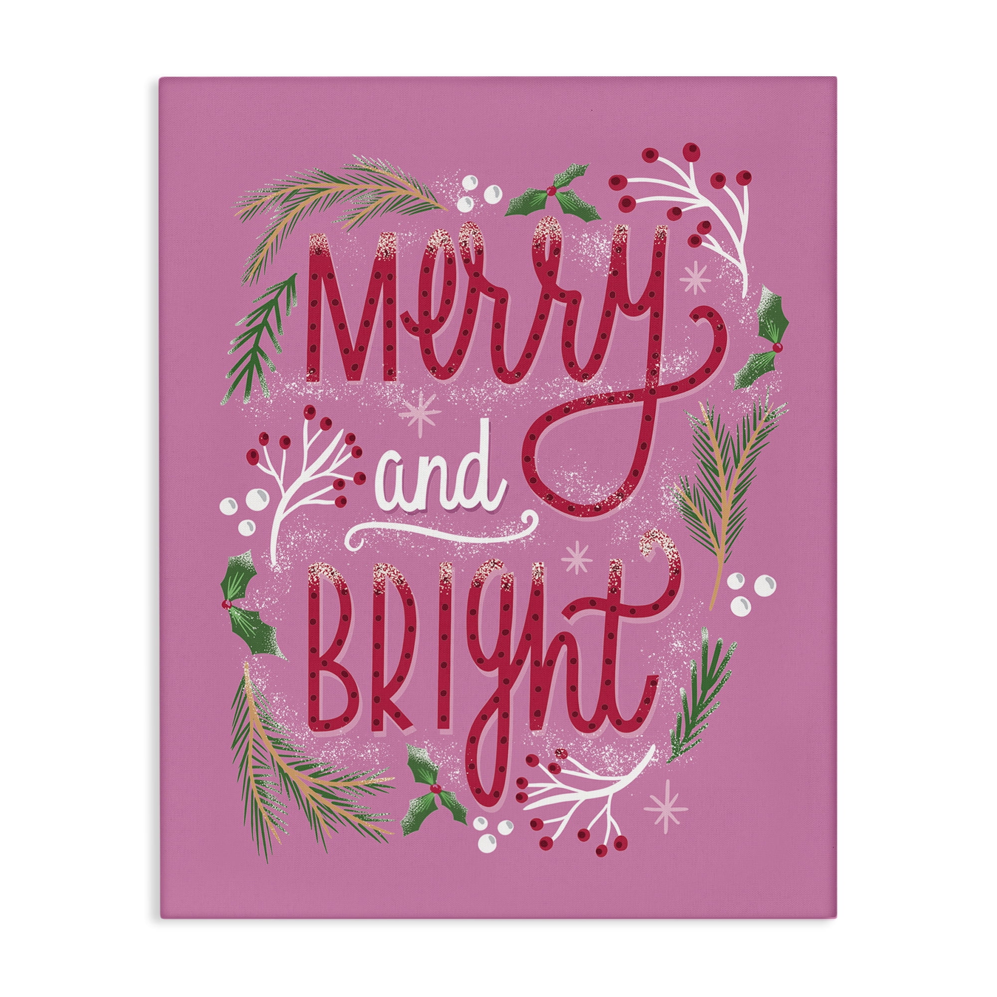 Stupell Industries Merry and Bright Pink Pine Holiday Painting Gallery Wrapped Canvas Art Prints Wall Art, 16 x 20