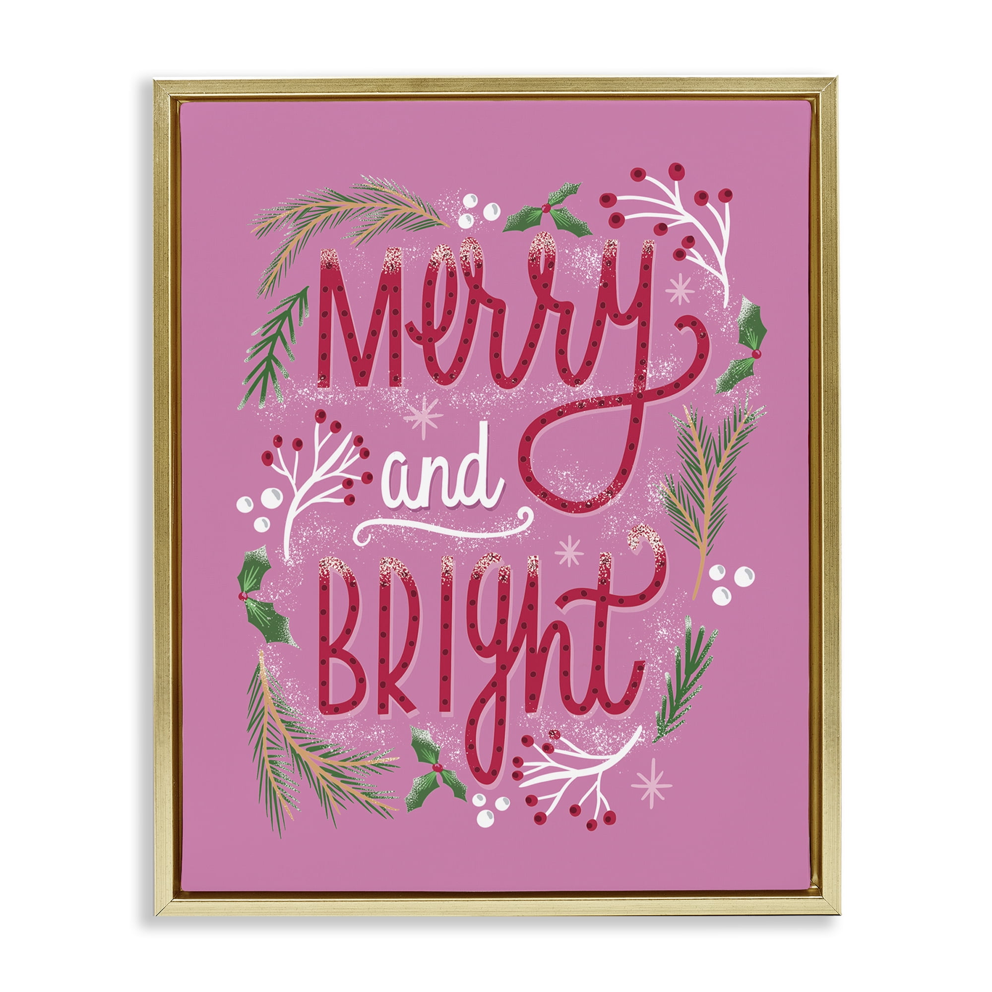 Stupell Industries Merry and Bright Pink Pine Holiday Painting Gold Floater Framed Canvas Art Prints Wall Art, 17 x 21