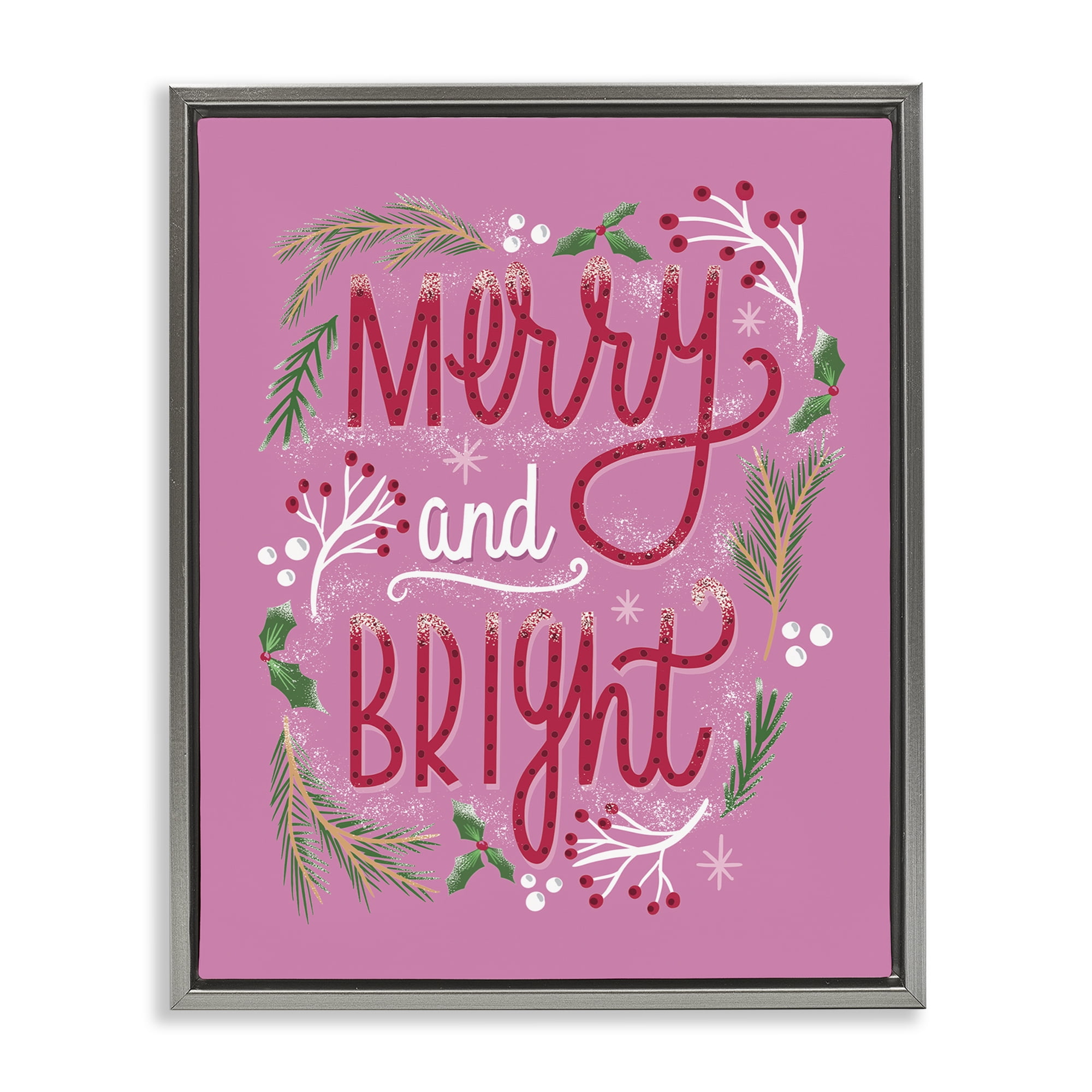 Stupell Industries Merry and Bright Pink Pine Holiday Painting Gray Floater Framed Canvas Art Prints Wall Art, 25 x 31