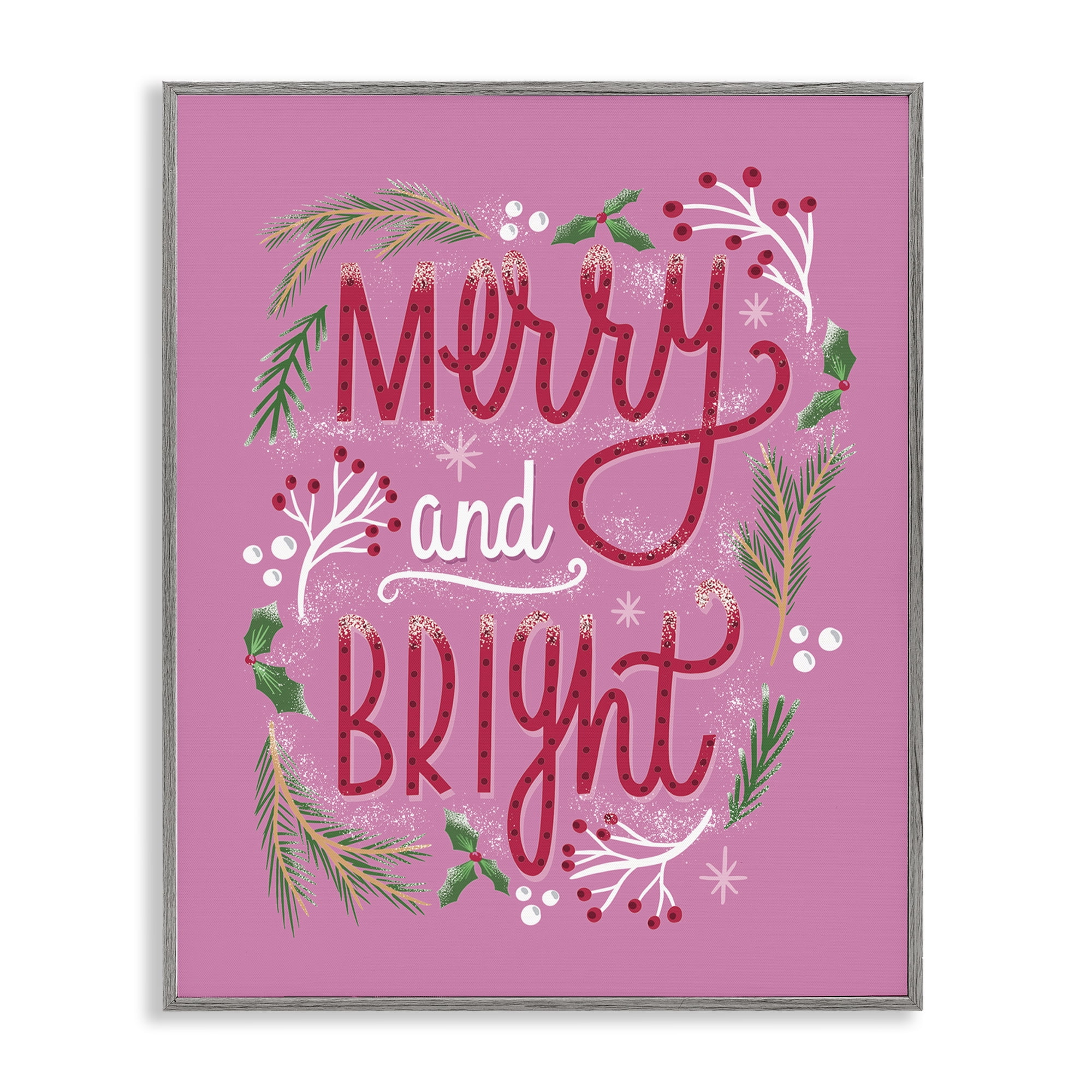 Stupell Industries Merry and Bright Pink Pine Holiday Painting Gray Framed Art Prints Wall Art, 24 x 30