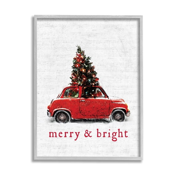 Stupell Industries Merry and Bright Quote Vintage Red Christmas Car Holiday Painting Gray Framed Art Print Wall Art, 16 x 20