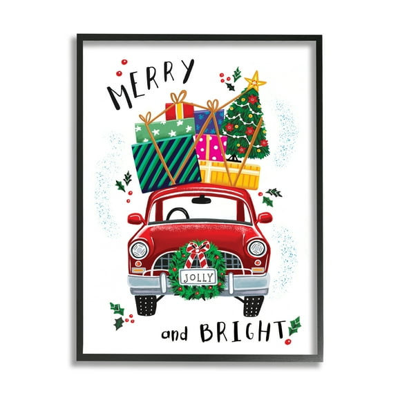 Stupell Industries Merry and Bright Sentiment Red Holly Farm Truck Transportation Painting Black Framed Art Print Wall Art, 11 x 14