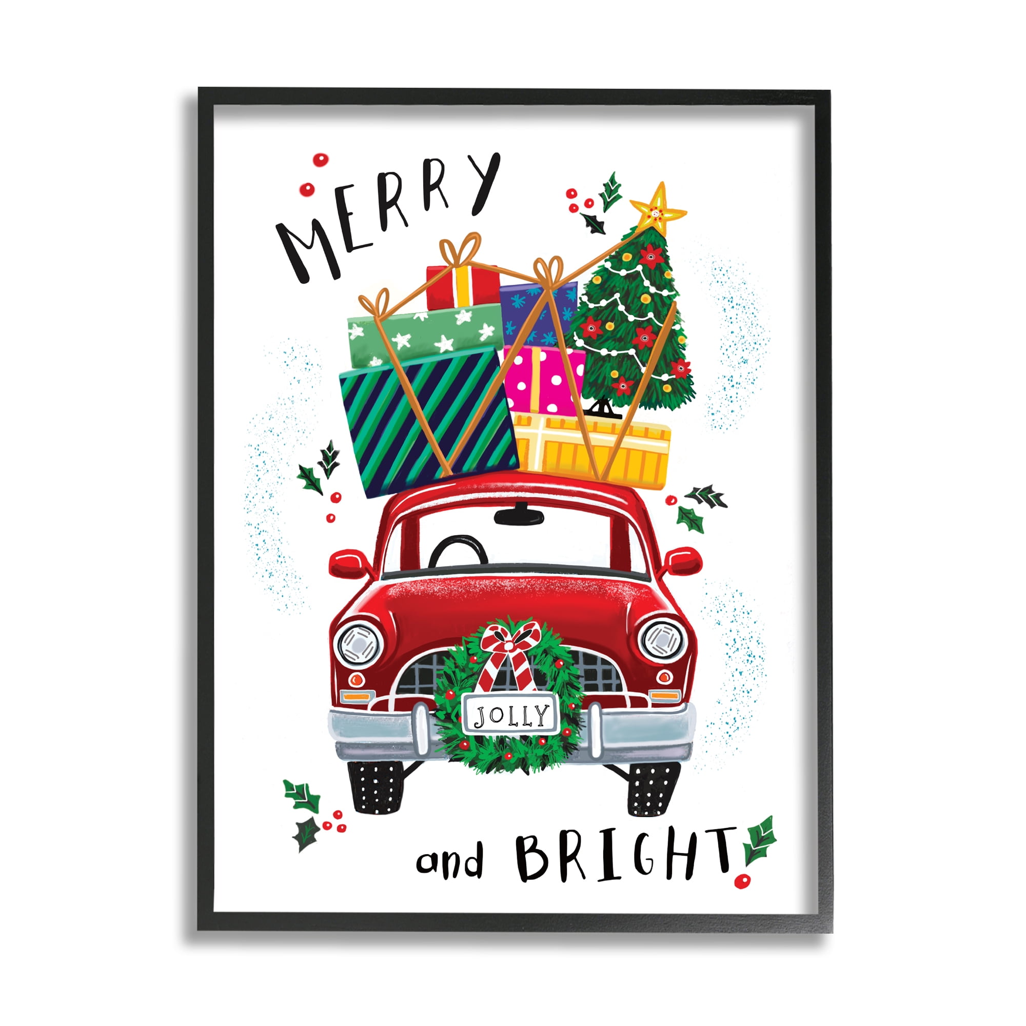Stupell Industries Merry and Bright Sentiment Red Holly Farm Truck Transportation Painting Black Framed Art Print Wall Art, 16 x 20