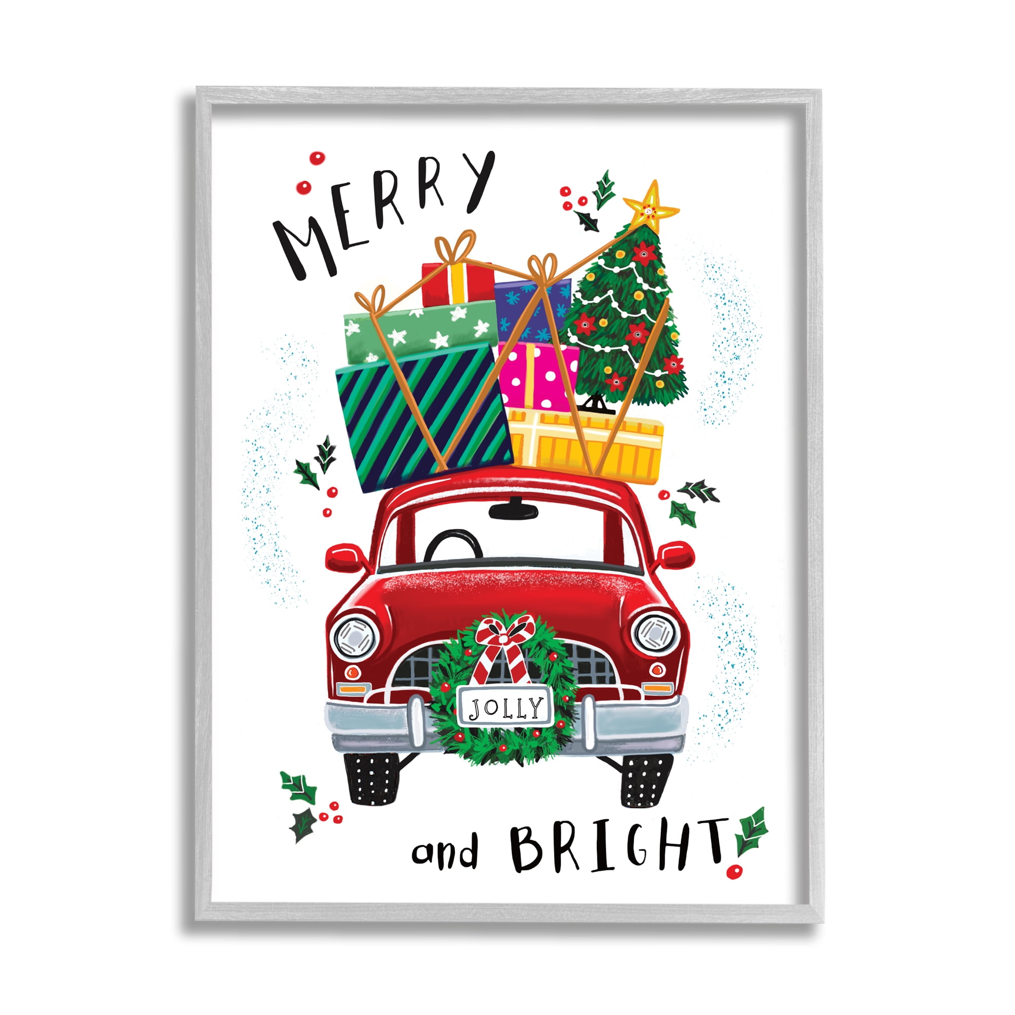 Stupell Industries Merry and Bright Sentiment Red Holly Farm Truck Transportation Painting Gray Framed Art Print Wall Art, 16 x 20