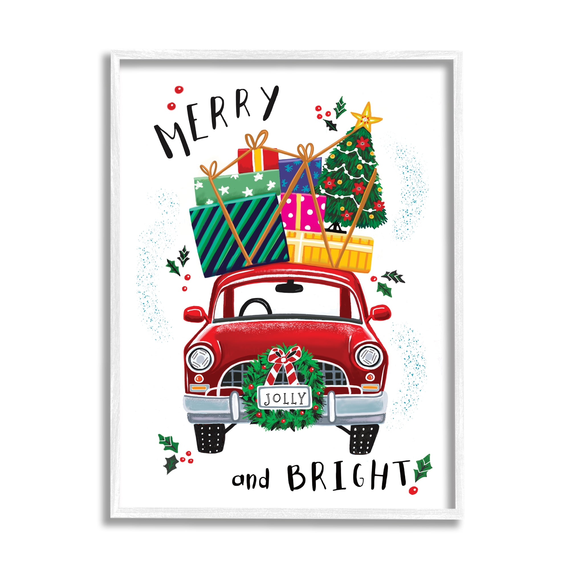 Stupell Industries Merry and Bright Sentiment Red Holly Farm Truck Transportation Painting White Framed Art Print Wall Art, 24 x 30