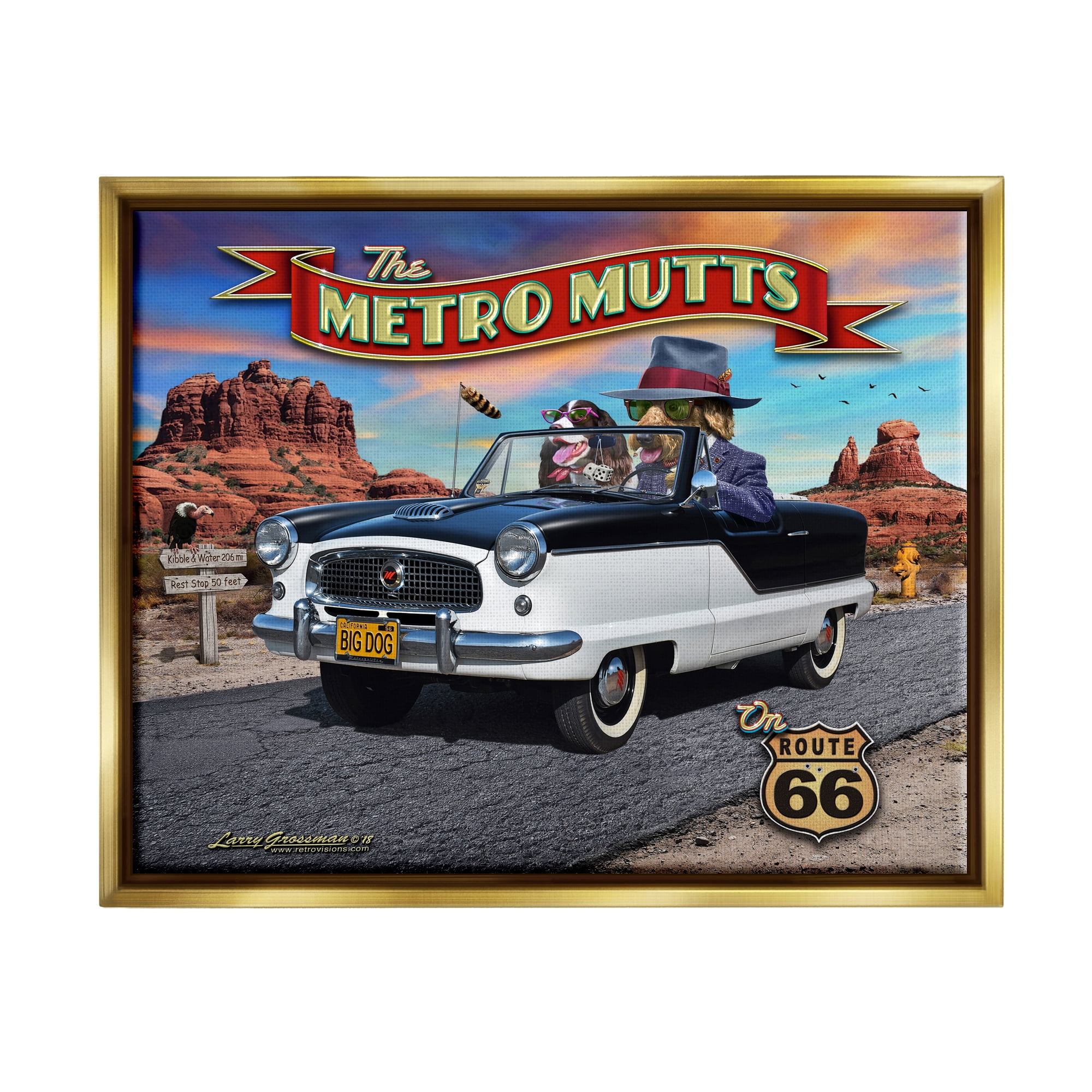Stupell Industries Metro Mutts Vintage Car Transportation Painting Gold Floater Framed Canvas Art Print Wall Art, 21 x 17