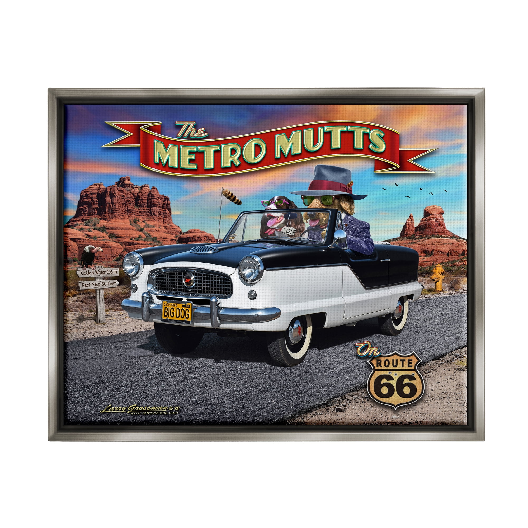 Stupell Industries Metro Mutts Vintage Car Transportation Painting Gray Floater Framed Canvas Art Print Wall Art, 21 x 17