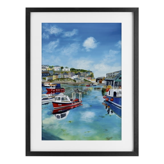 Stupell Industries Mevagissey Harbor Reflections Black Framed Print Under Glass design by Georgie Harrison, 20 x 14