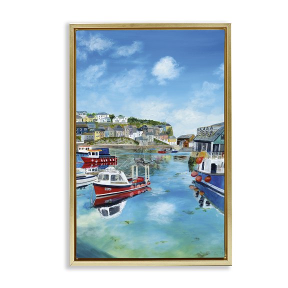 Stupell Industries Mevagissey Harbor Reflections Gold Framed Floater Canvas Wall Art design by Georgie Harrison, 25 x 17