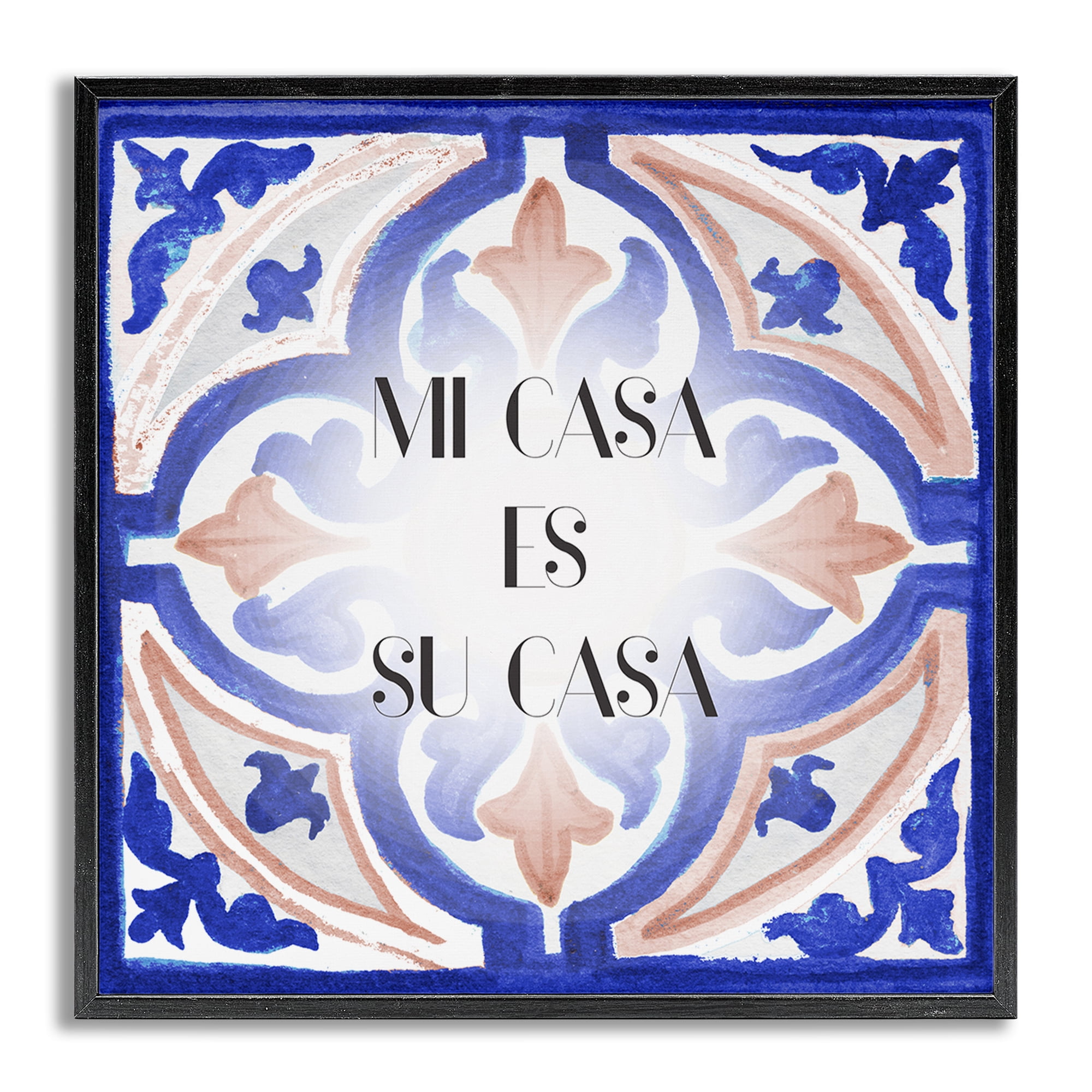 Stupell Industries Mi Casa Azulejos Tropicales Inspirational Quotes & Sayings Painting Gray Framed Art Print Wall Art, 17 x 17