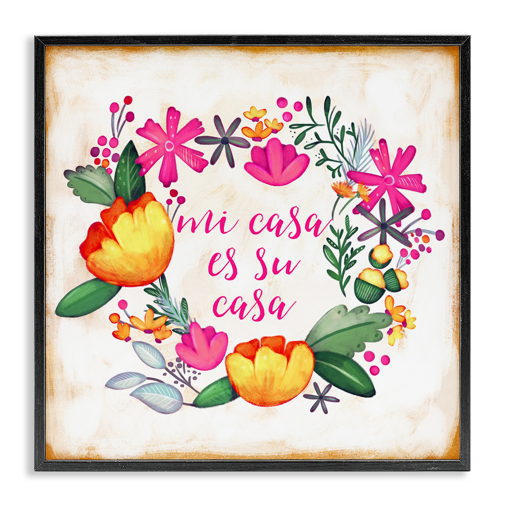 Stupell Industries Mi Casa Es Su Casa Floral Inspirational Quotes & Sayings Painting Black Framed Art Print Wall Art, 17 x 17