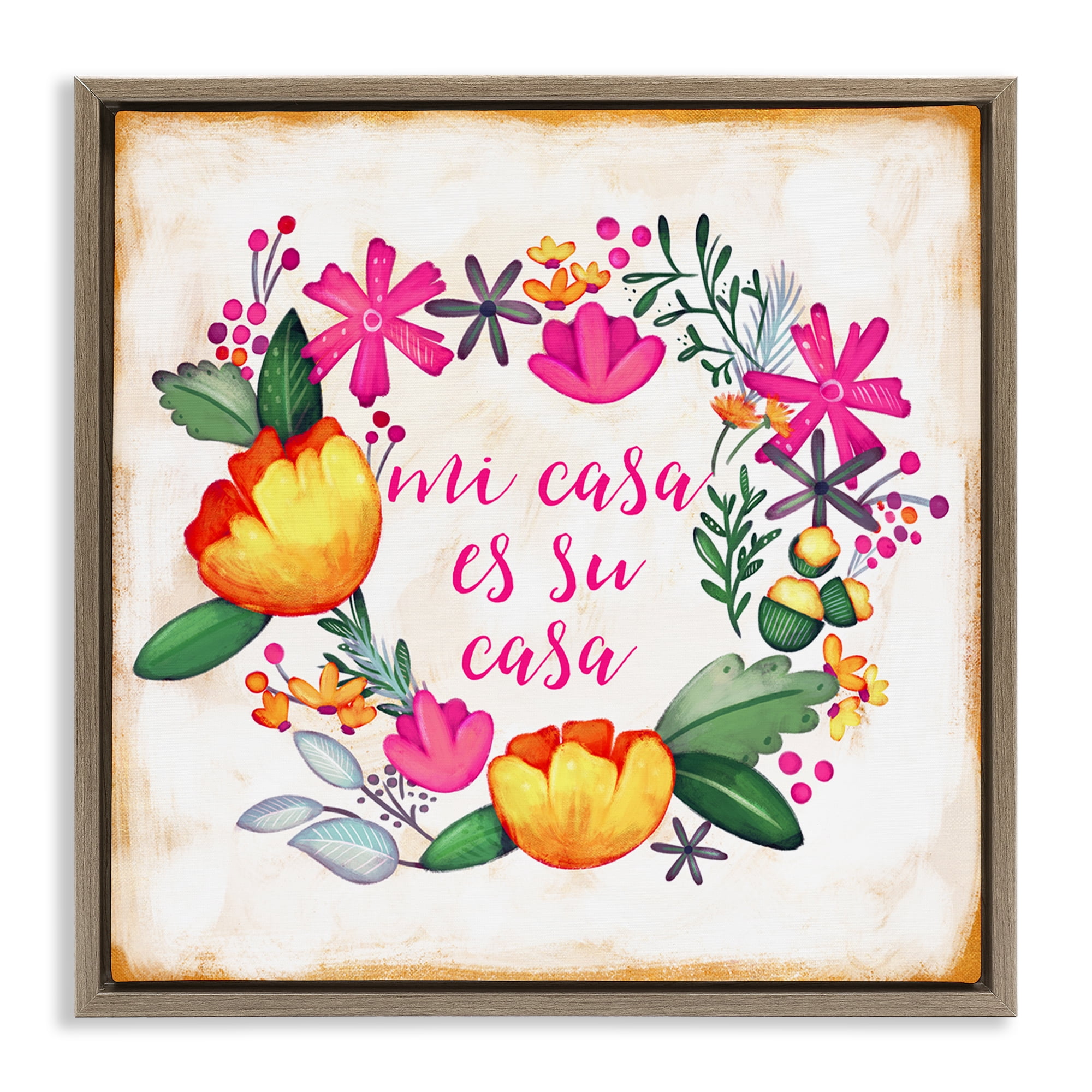 Stupell Industries Mi Casa Es Su Casa Floral Inspirational Quotes & Sayings Painting Brown Floater Framed Art Print Wall Art, 25 x 25