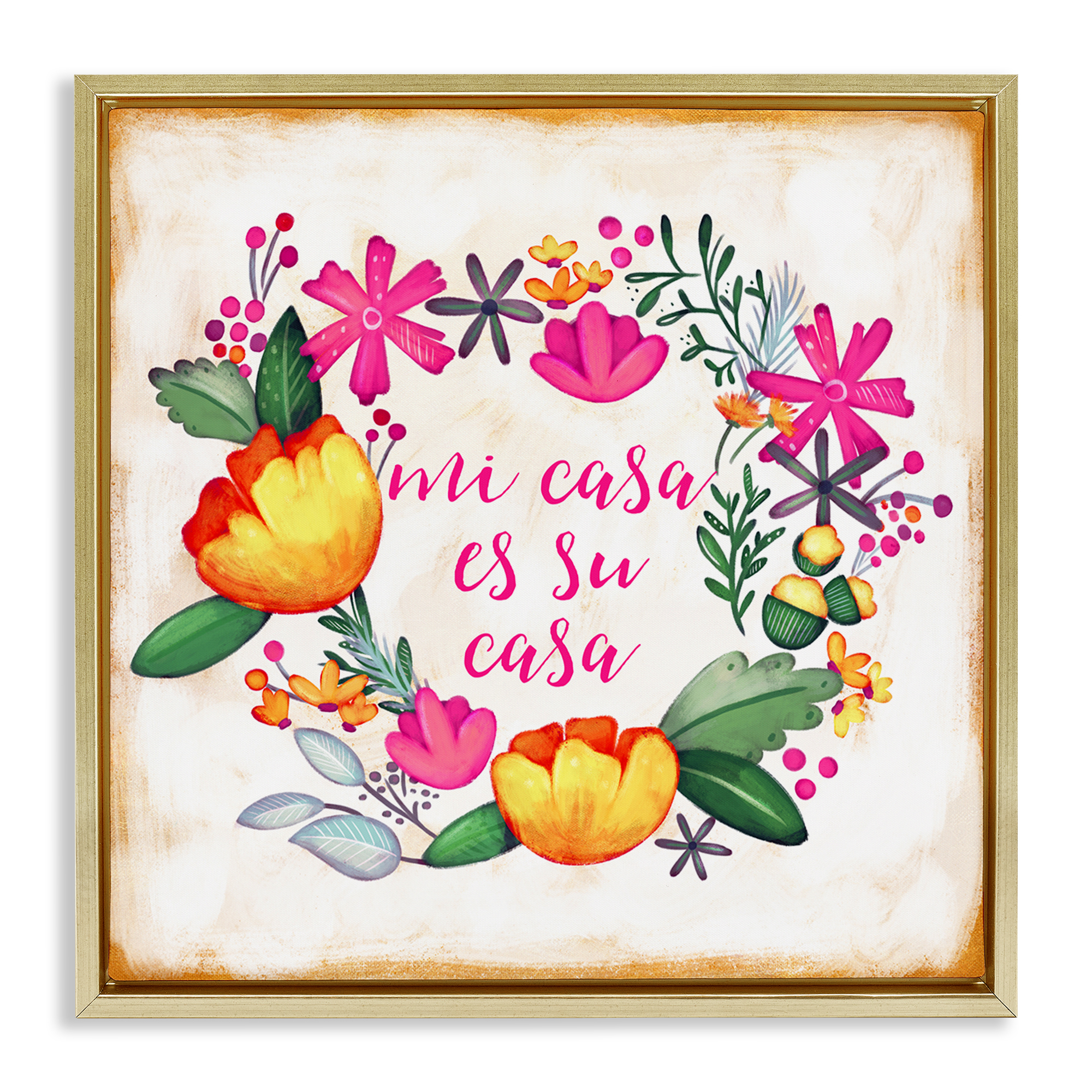 Stupell Industries Mi Casa Es Su Casa Floral Inspirational Quotes & Sayings Painting Gold Floater Framed Art Print Wall Art, 25 x 25