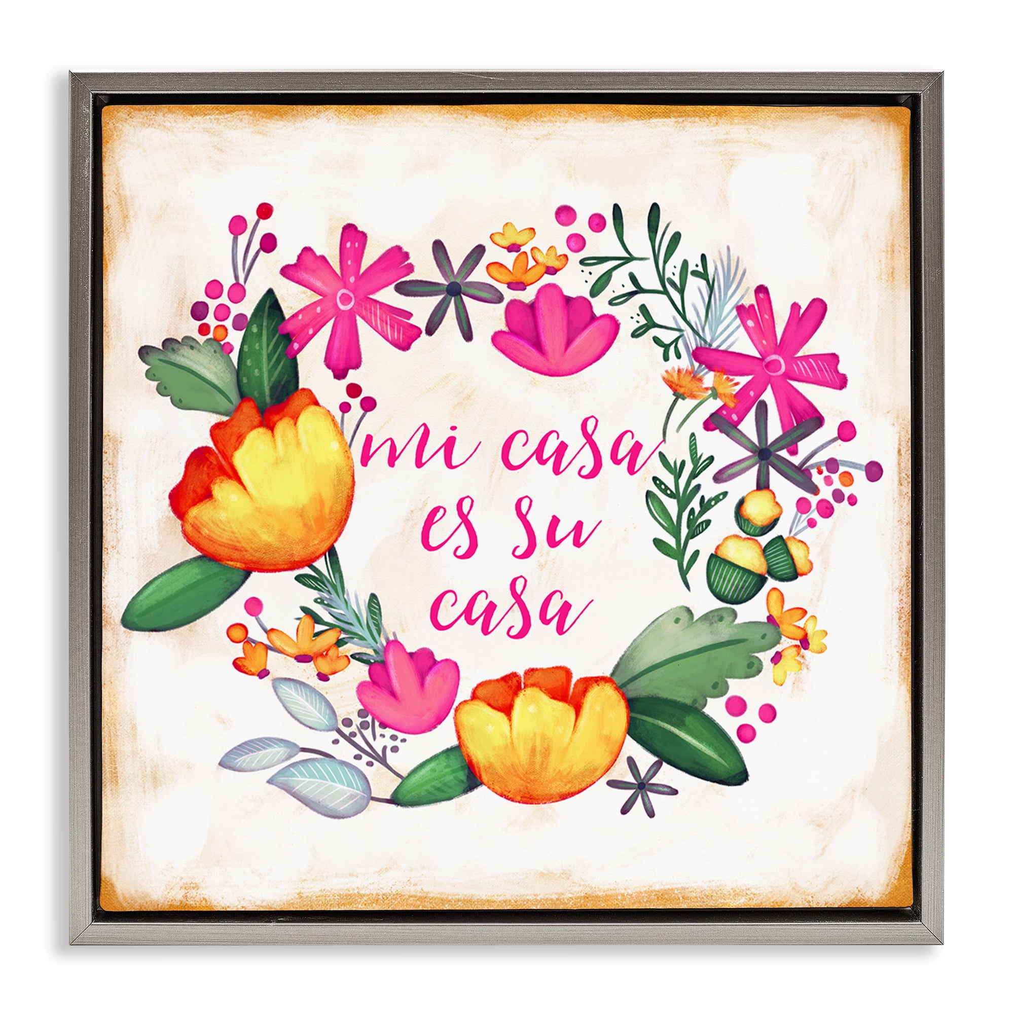 Stupell Industries Mi Casa Es Su Casa Floral Inspirational Quotes & Sayings Painting Gray Floater Framed Art Print Wall Art, 18 x 18