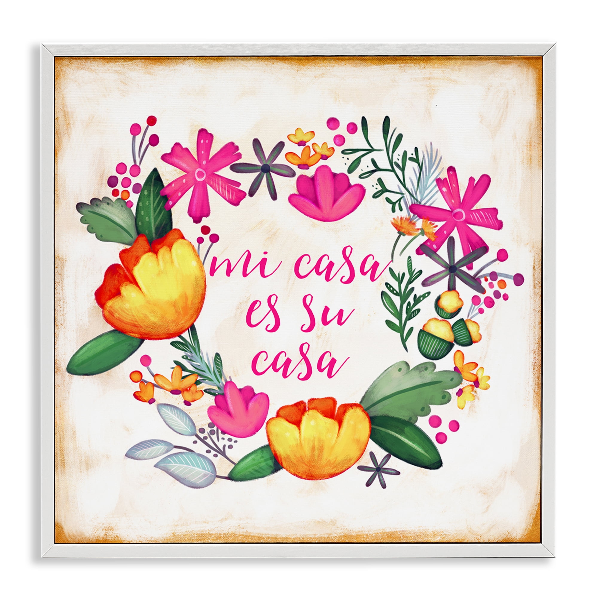 Stupell Industries Mi Casa Es Su Casa Floral Inspirational Quotes & Sayings Painting White Framed Art Print Wall Art, 17 x 17