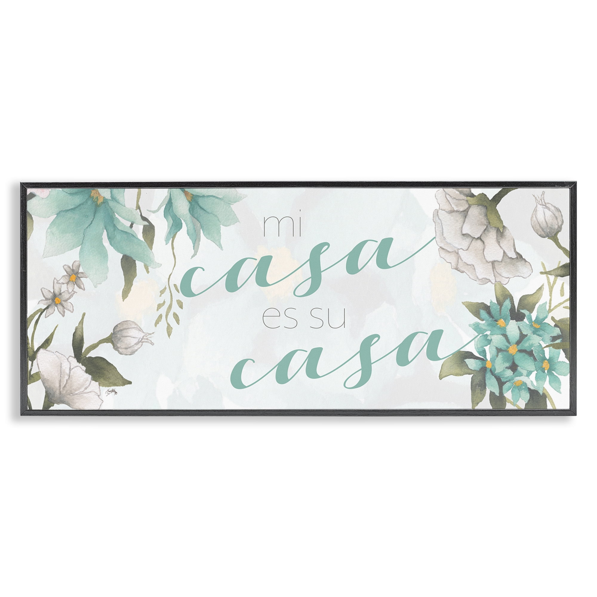 Stupell Industries Mi Casa Su Casa Flores Inspirational Quotes & Sayings Painting Black Framed Art Print Wall Art, 24 x 10