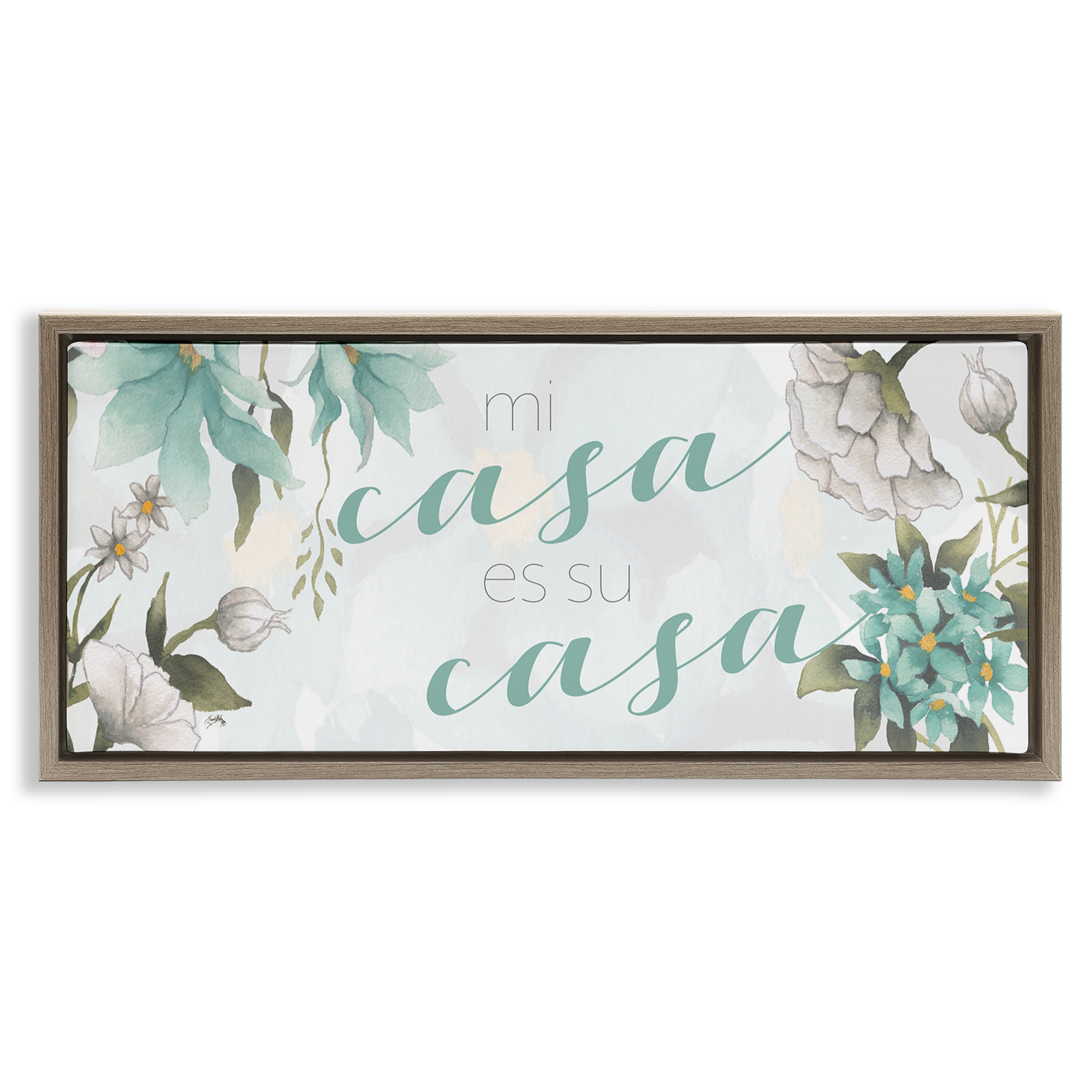 Stupell Industries Mi Casa Su Casa Flores Inspirational Quotes & Sayings Painting Brown Floater Framed Art Print Wall Art, 25 x 11