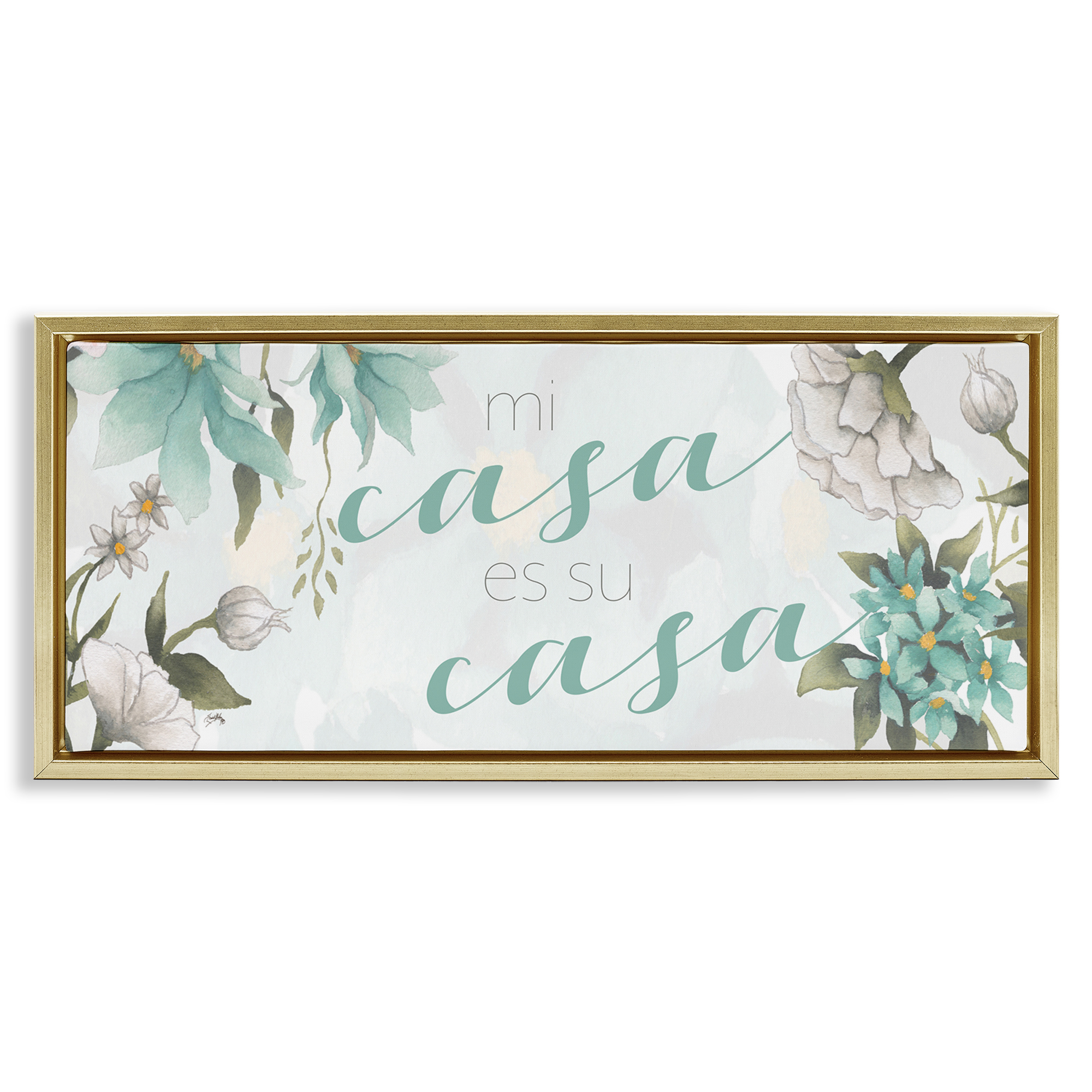 Stupell Industries Mi Casa Su Casa Flores Inspirational Quotes & Sayings Painting Gold Floater Framed Art Print Wall Art, 25 x 11