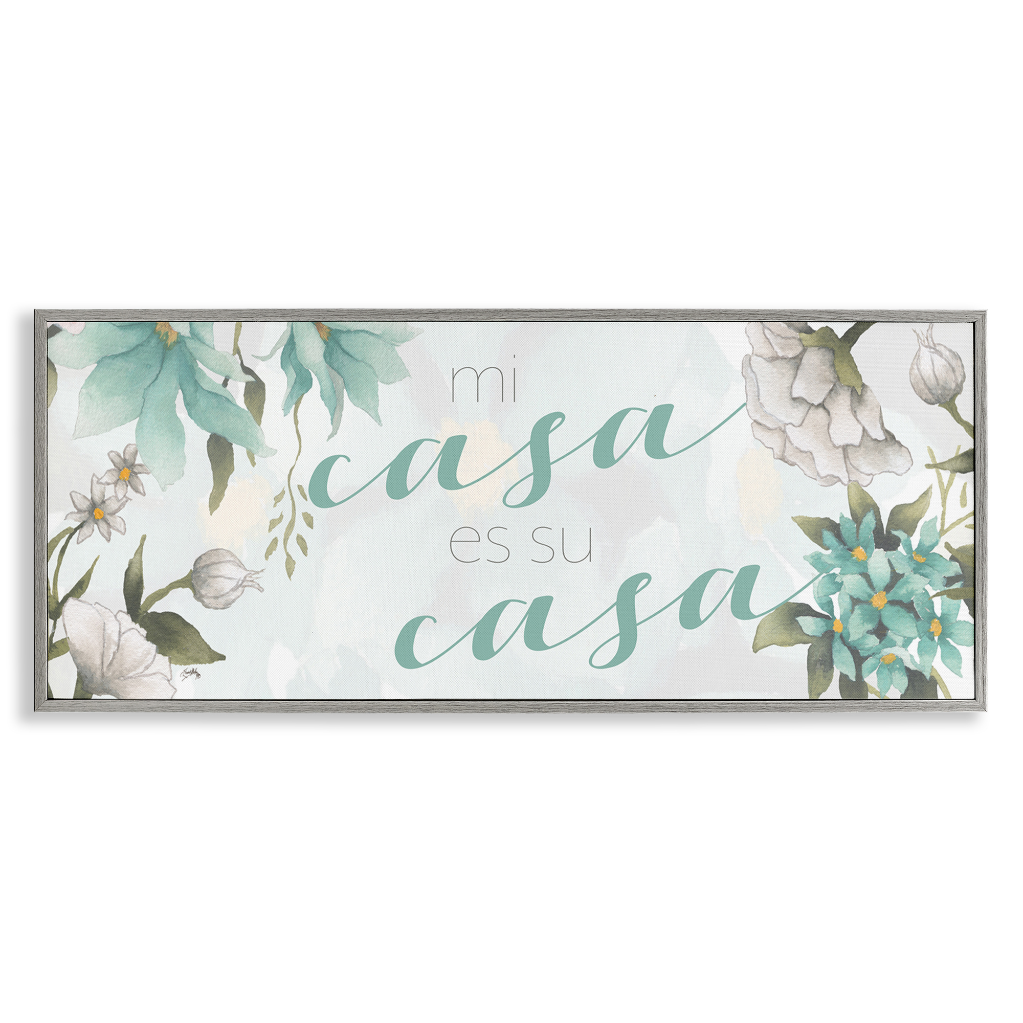 Stupell Industries Mi Casa Su Casa Flores Inspirational Quotes & Sayings Painting Gray Framed Art Print Wall Art, 24 x 10
