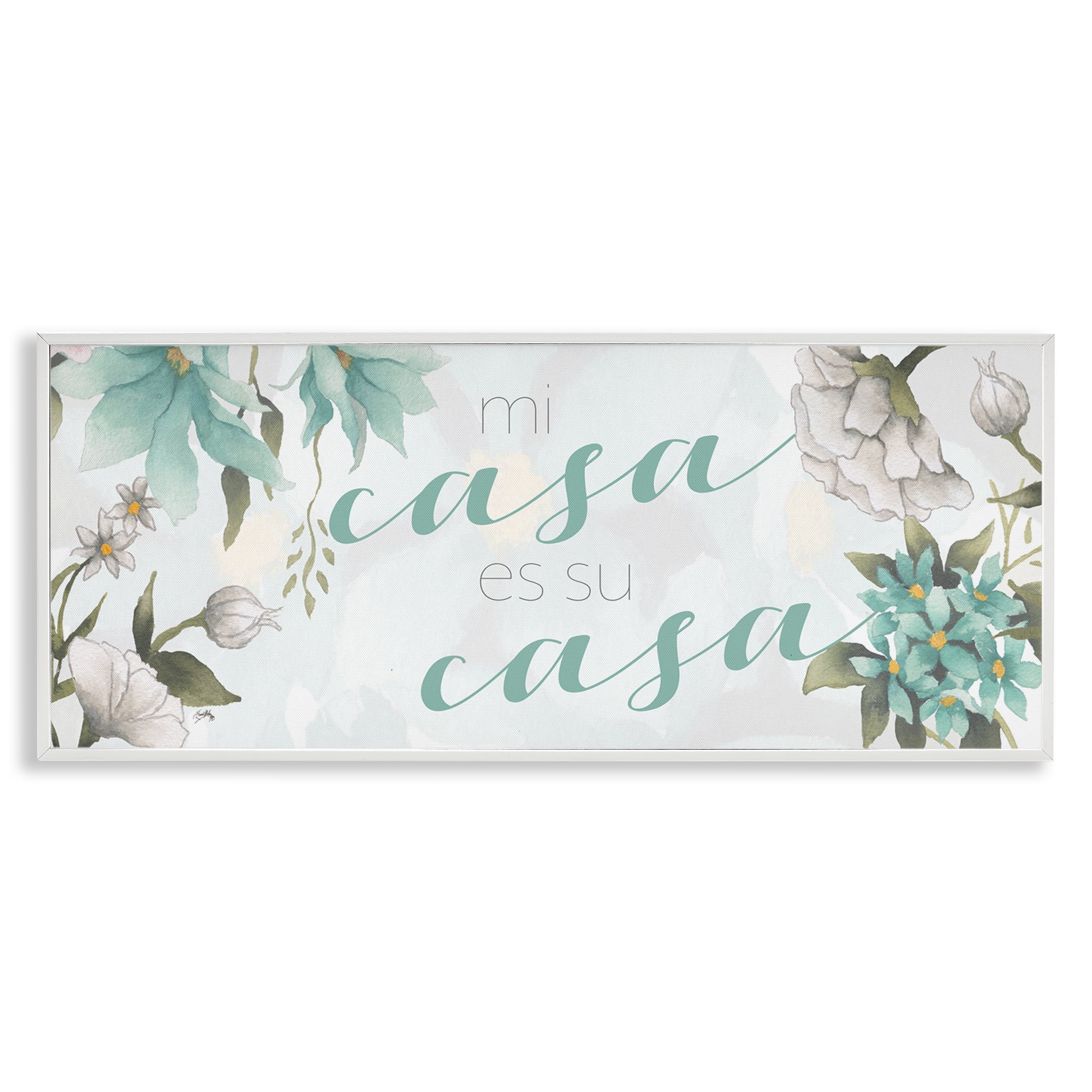 Stupell Industries Mi Casa Su Casa Flores Inspirational Quotes & Sayings Painting White Framed Art Print Wall Art, 30 x 13