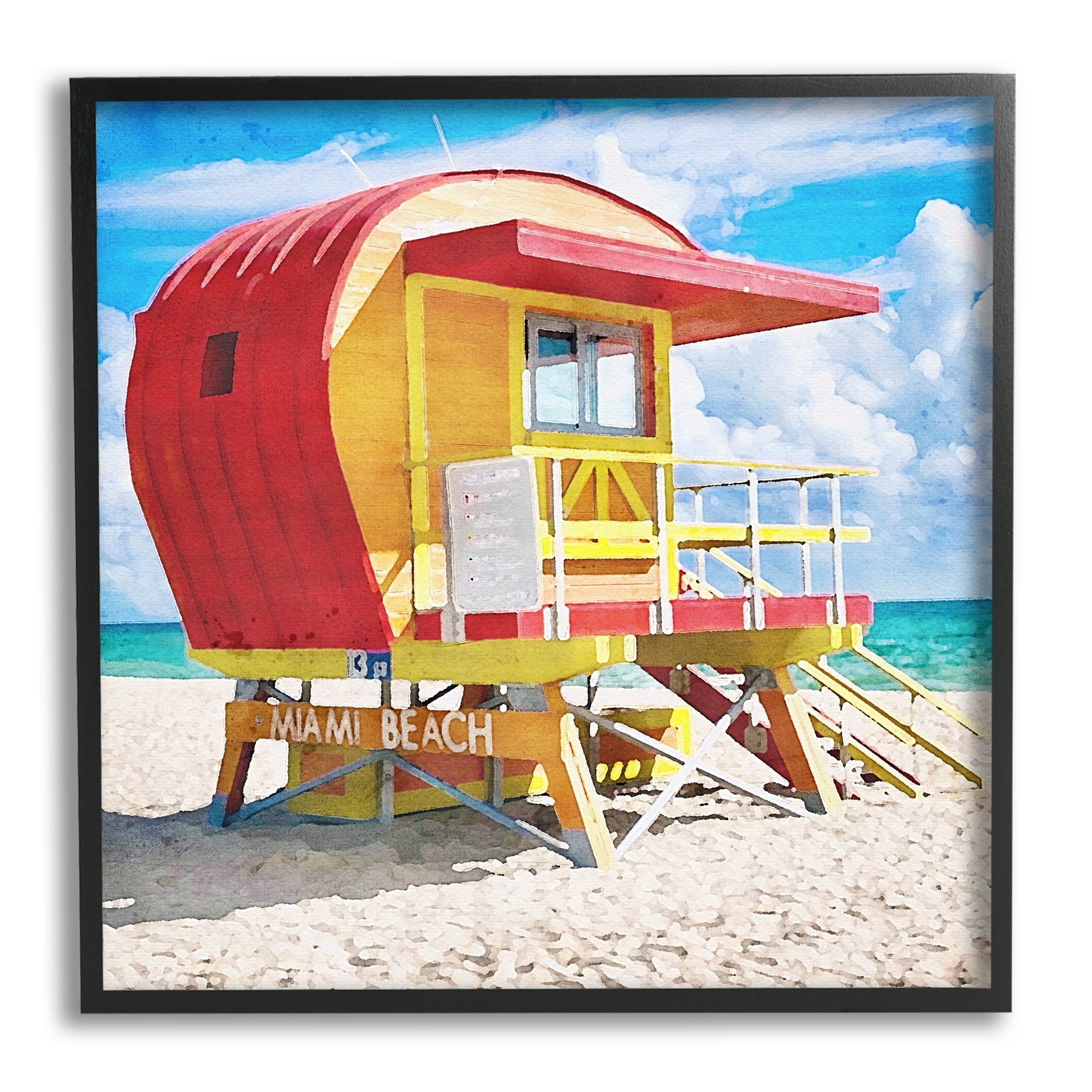 Stupell Industries Miami Beach Hut Nature Painting Black Framed Art Print Wall Art, 12 x 12