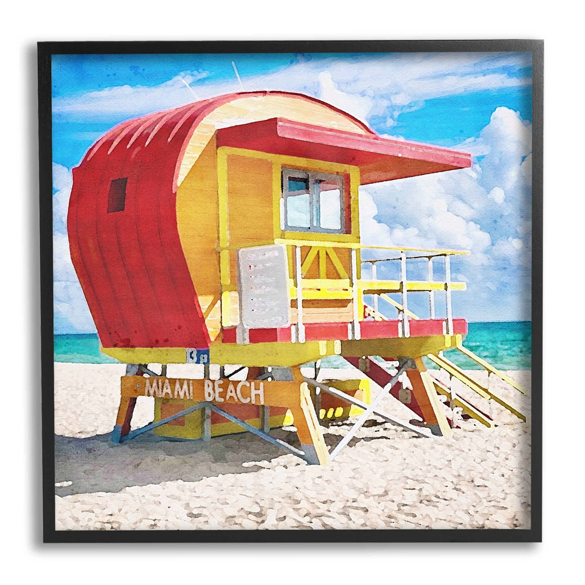 Miami Beach Hut Landscape Print with Black Frame, 17 x 17