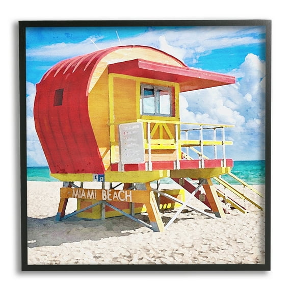 Stupell Industries Miami Beach Hut Nature Painting Black Framed Art Print Wall Art, 24 x 24