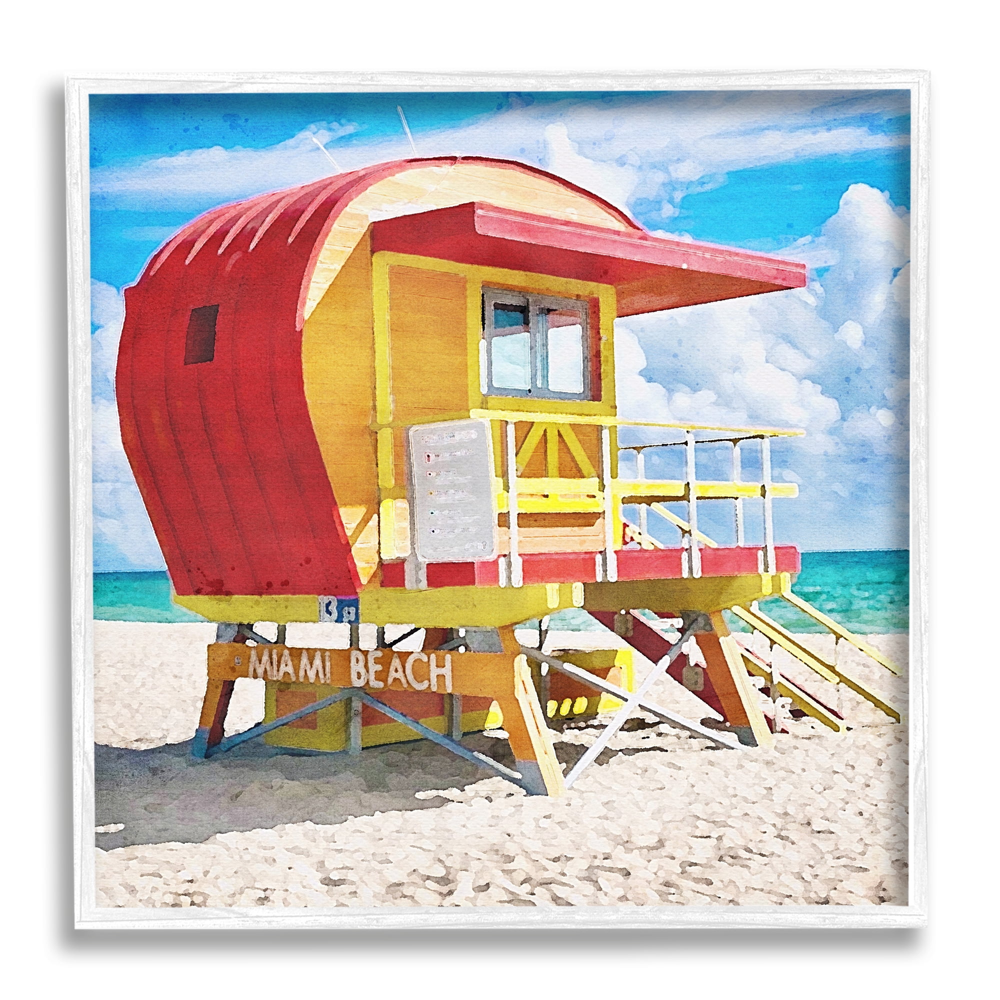 Stupell Industries Miami Beach Hut Nature Painting White Framed Art Print Wall Art, 17 x 17