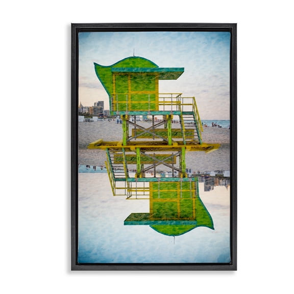 Stupell Industries Miami Beach Hut Reflection Black Framed Floater Canvas Wall Art design by Robin Vandenabeele, 25 x 17